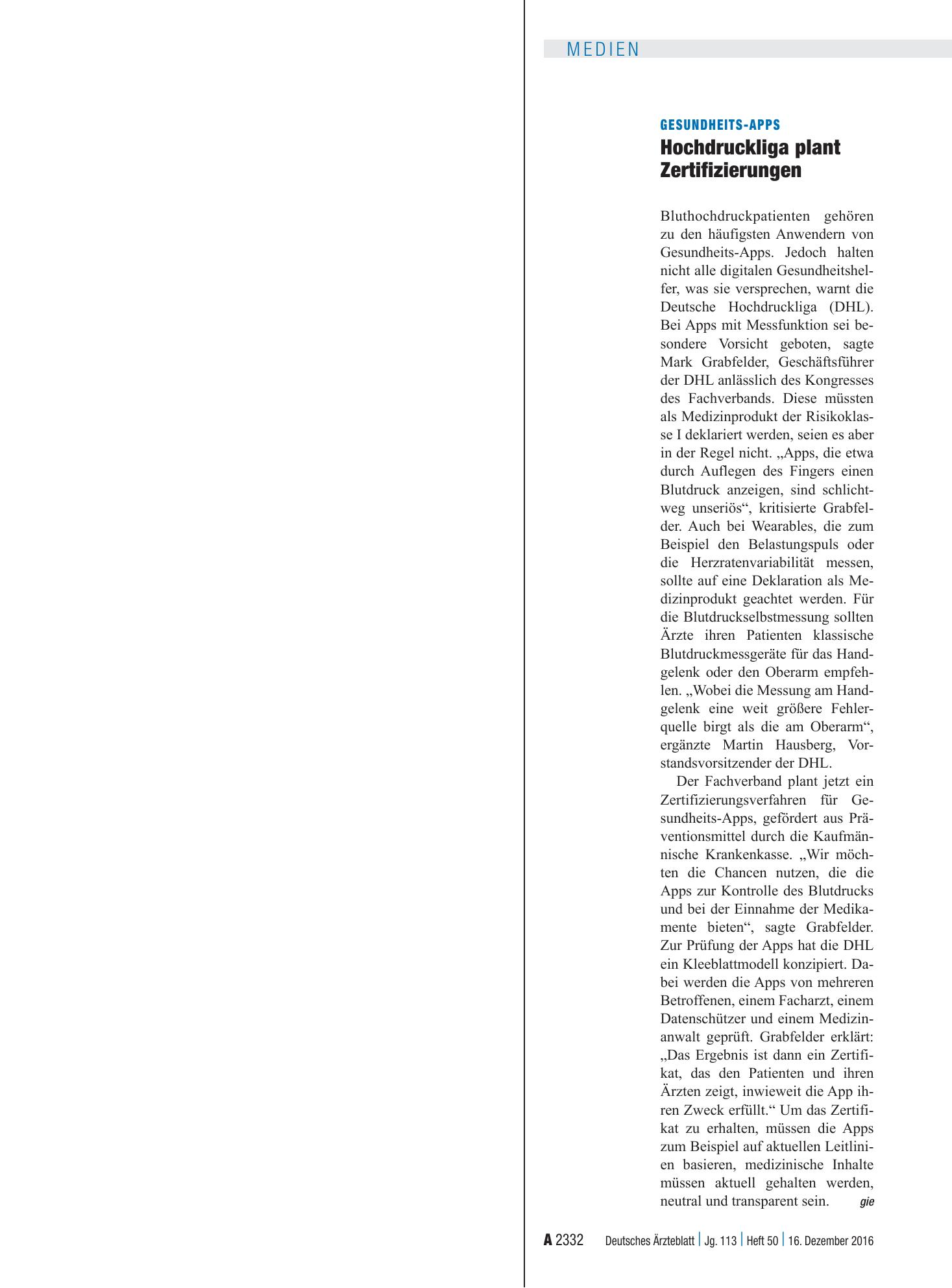 Vorschauseite 1: Gesundheits-Apps: Hochdruckliga plant Zertifizierungen – Deutsches Ärzteblatt