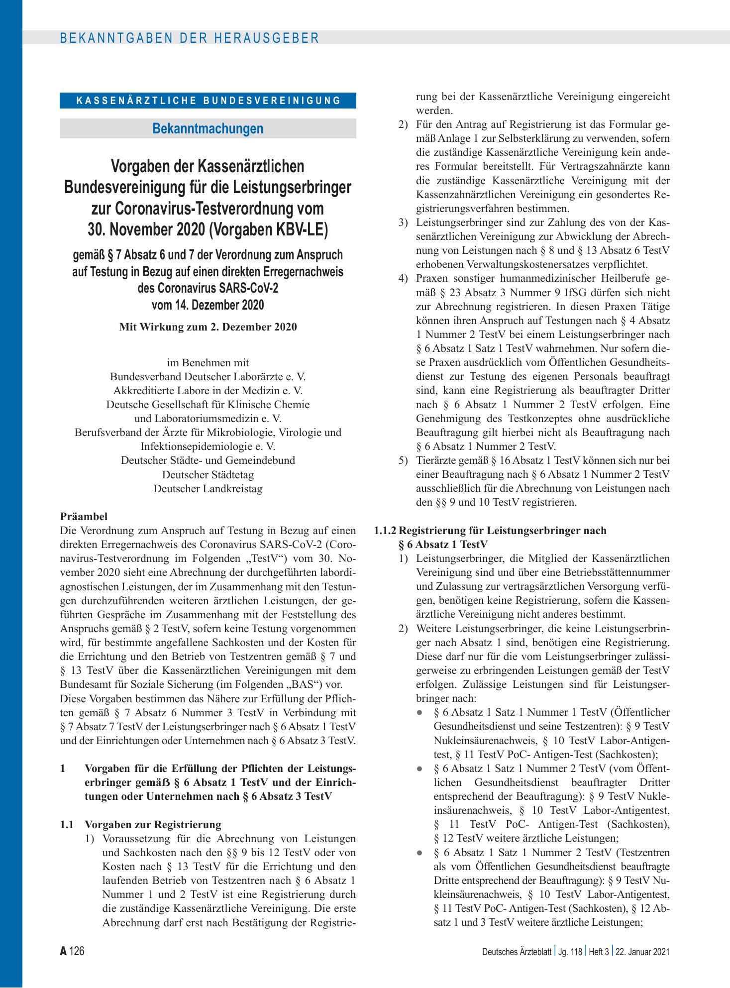 Vorschauseite 1: Vorgaben der Kassenärztlichen Bundesvereinigung für die Leistungserbringer zur Coronavirus-Testverordnung vom 30. November 2020 (Vorgaben KBV-LE) gemäß § 7 Absatz 6 und 7 der Vero…