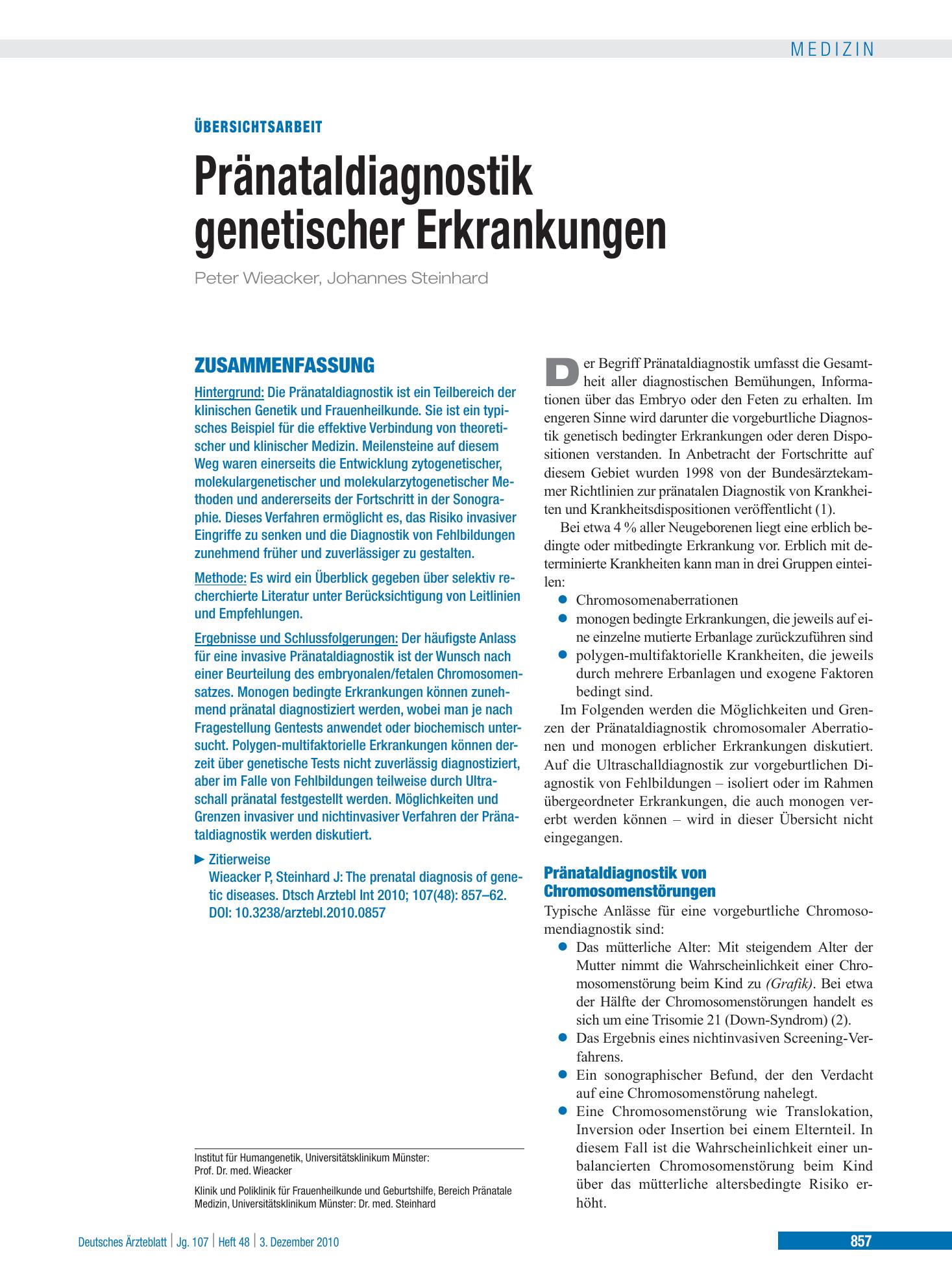 Vorschauseite 1: Pränataldiagnostik genetischer Erkrankungen – Deutsches Ärzteblatt