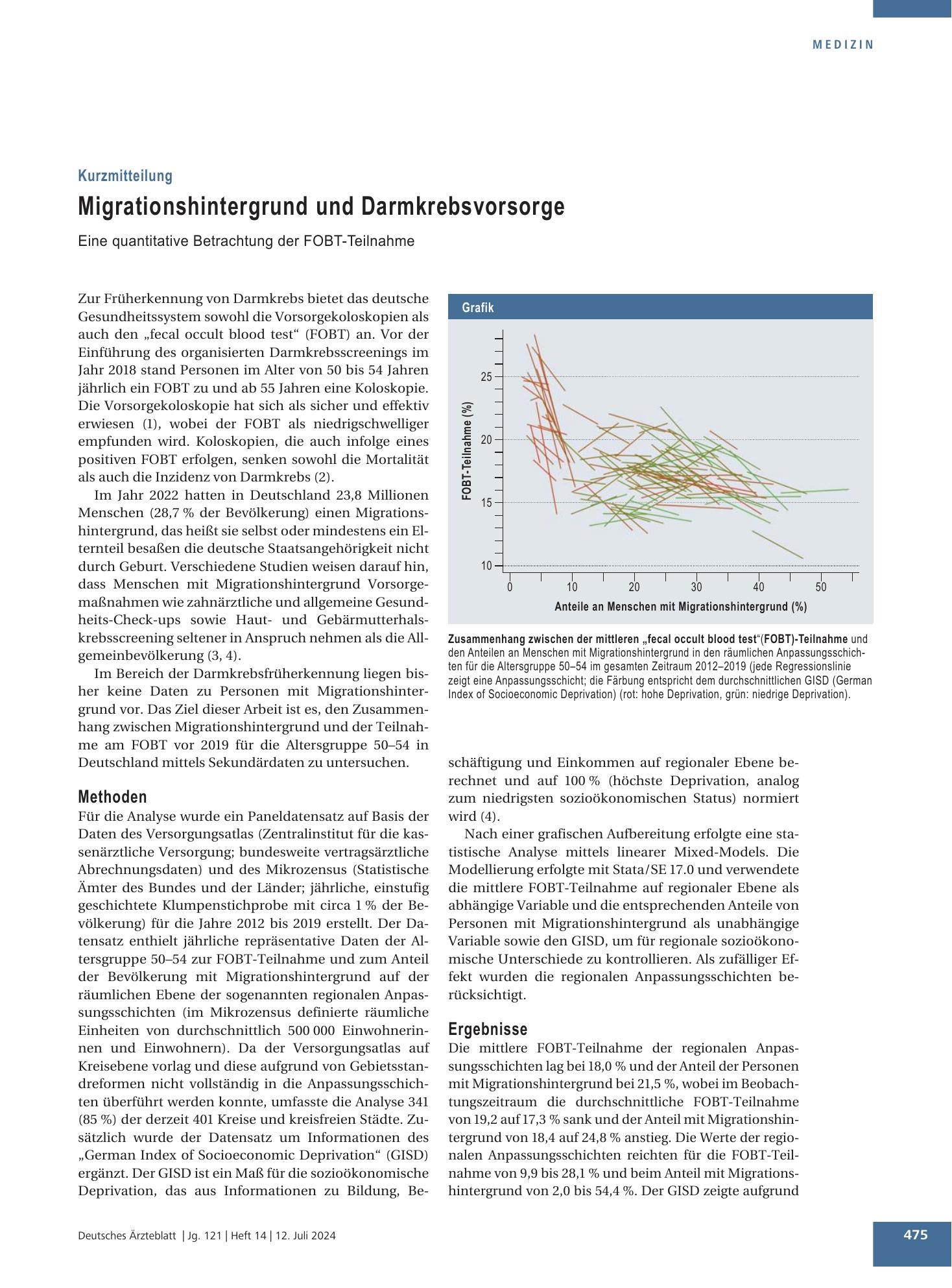 Vorschauseite 1: Migrationshintergrund und Darmkrebsvorsorge – Deutsches Ärzteblatt