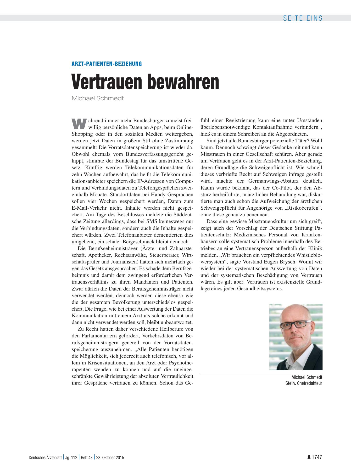 Vorschauseite 1: Arzt-Patienten-Beziehung: Vertrauen bewahren – Deutsches Ärzteblatt