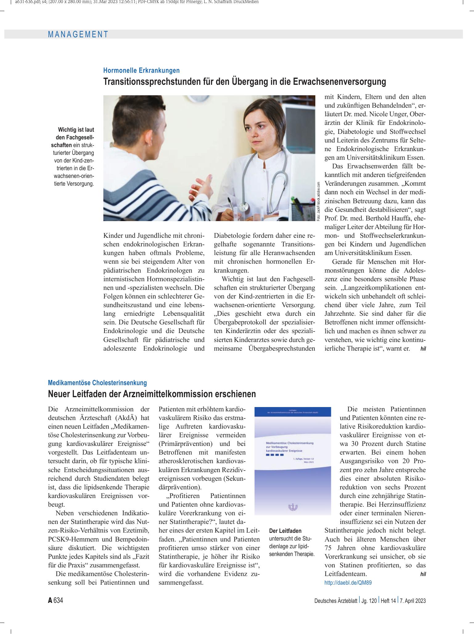 Vorschauseite 1: Medikamentöse Cholesterinsenkung: Neuer Leitfaden der Arzneimittelkommission erschienen – Deutsches Ärzteblatt
