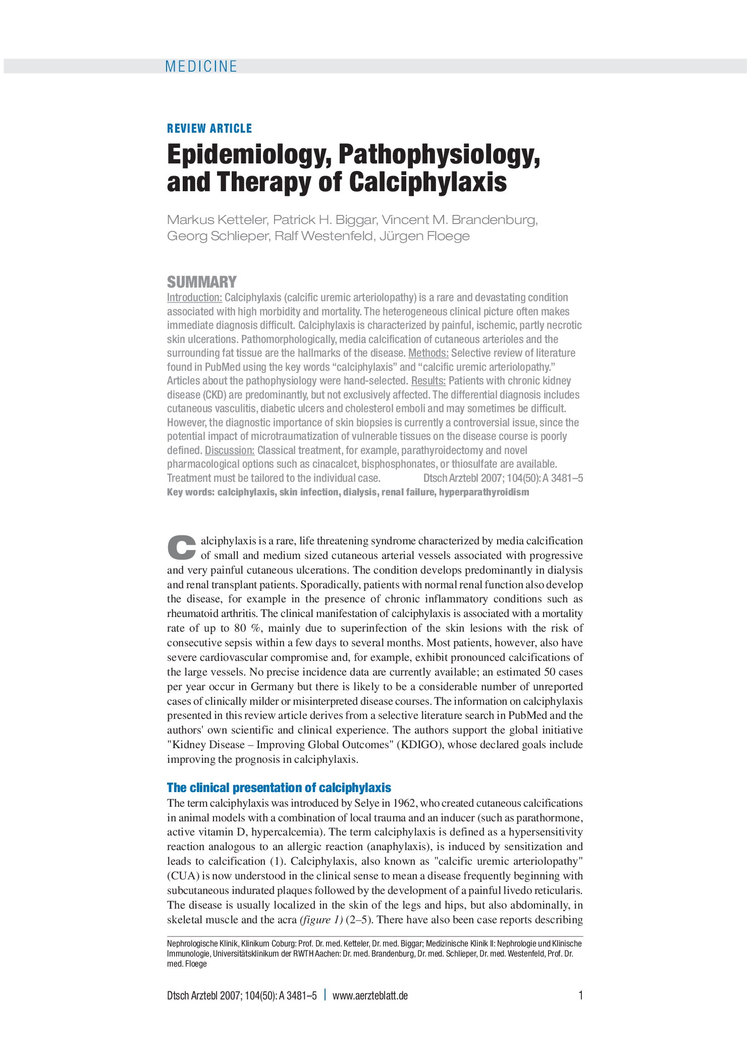 Vorschauseite 1: Epidemiologie, Pathophysiologie und Therapie der Calciphylaxie – Deutsches Ärzteblatt