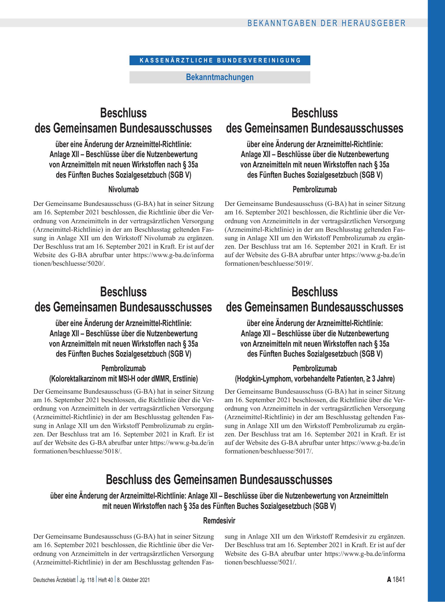 Vorschauseite 1: Beschluss des Gemeinsamen Bundesausschusses über eine Änderung der Arzneimittel-Richtlinie: Anlage XII – Remdesivir – Deutsches Ärzteblatt