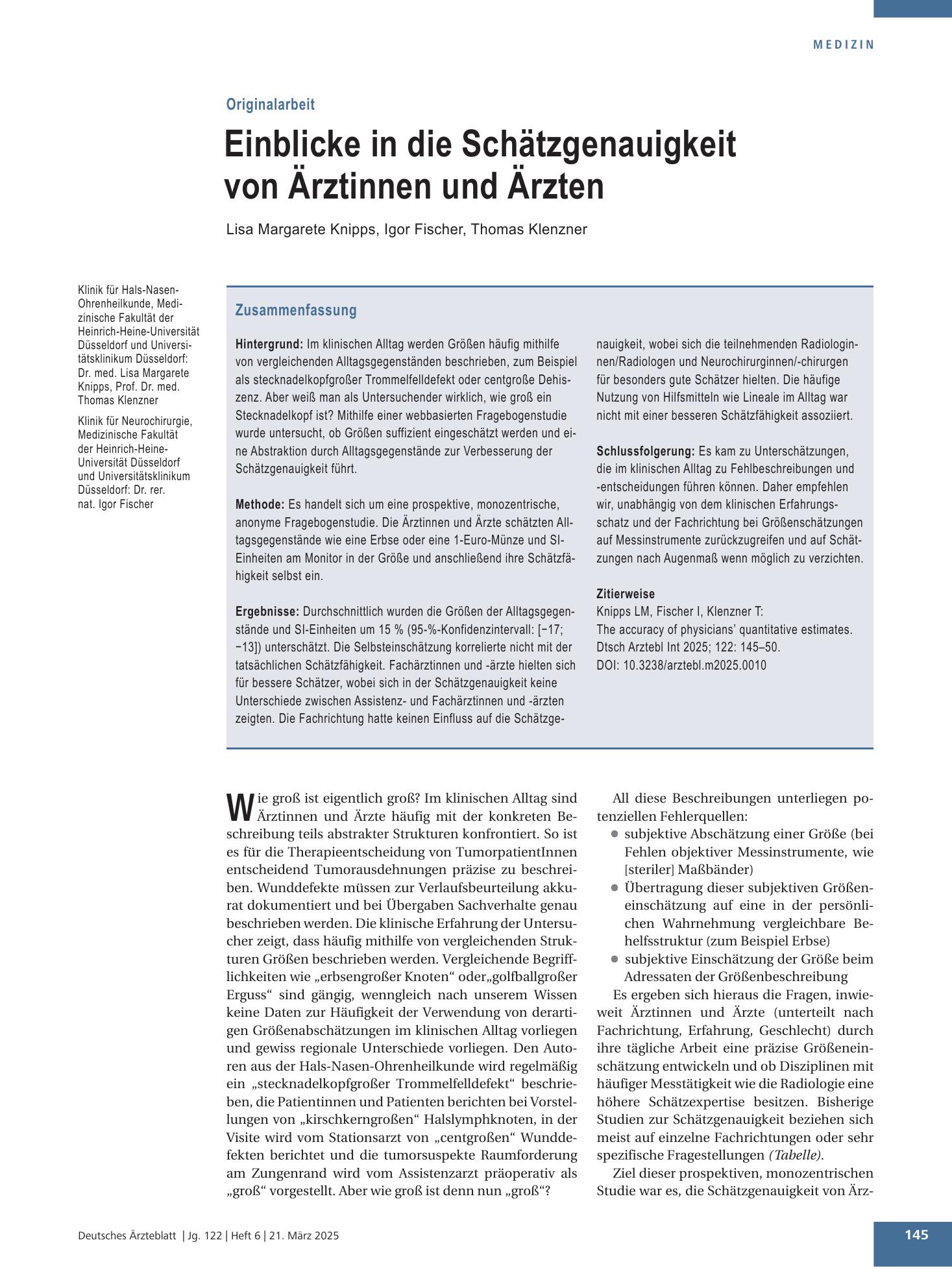 Vorschauseite 1: Einblicke in die Schätzgenauigkeit von Ärztinnen und Ärzten – Deutsches Ärzteblatt