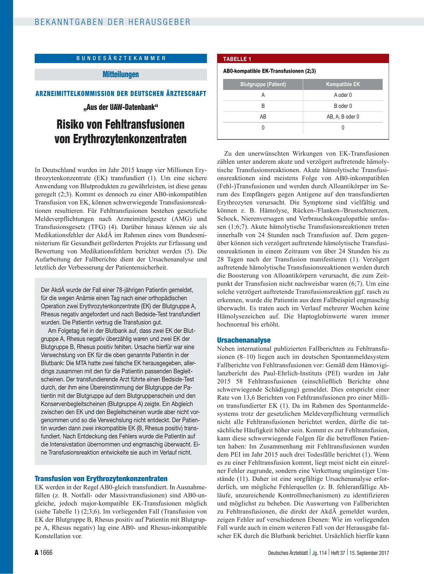 Vorschauseite 1: Arzneimittelkommission der Deutschen Ärzteschaft: „Aus der UAW-Datenbank“ – Risiko von Fehltransfusionen von Erythrozytenkonzentraten – Deutsches Ärzteblatt