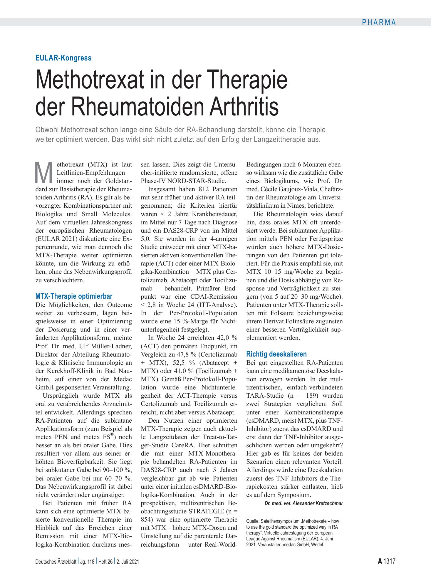 Vorschauseite 1: EULAR-Kongress: Methotrexat in der Therapie der Rheumatoiden Arthritis – Deutsches Ärzteblatt