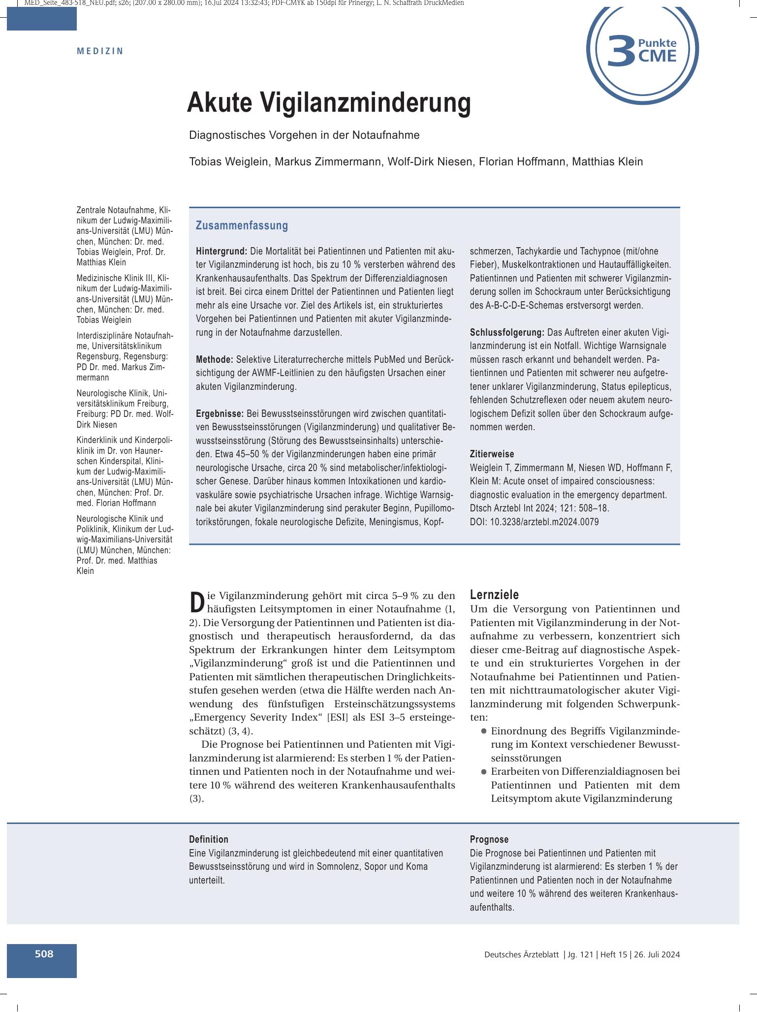 Vorschauseite 1: Akute Vigilanzminderung – Deutsches Ärzteblatt
