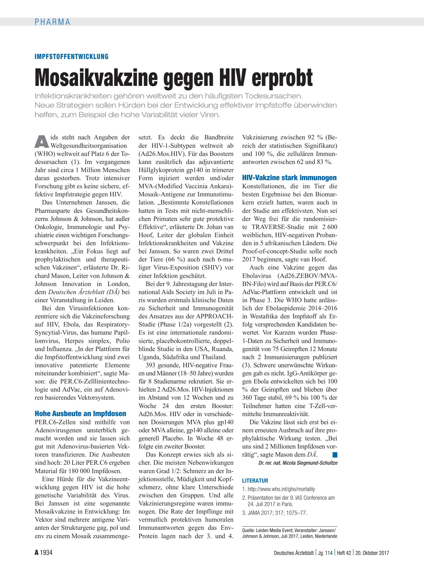 Vorschauseite 1: Impfstoffentwicklung: Mosaikvakzine gegen HIV erprobt – Deutsches Ärzteblatt