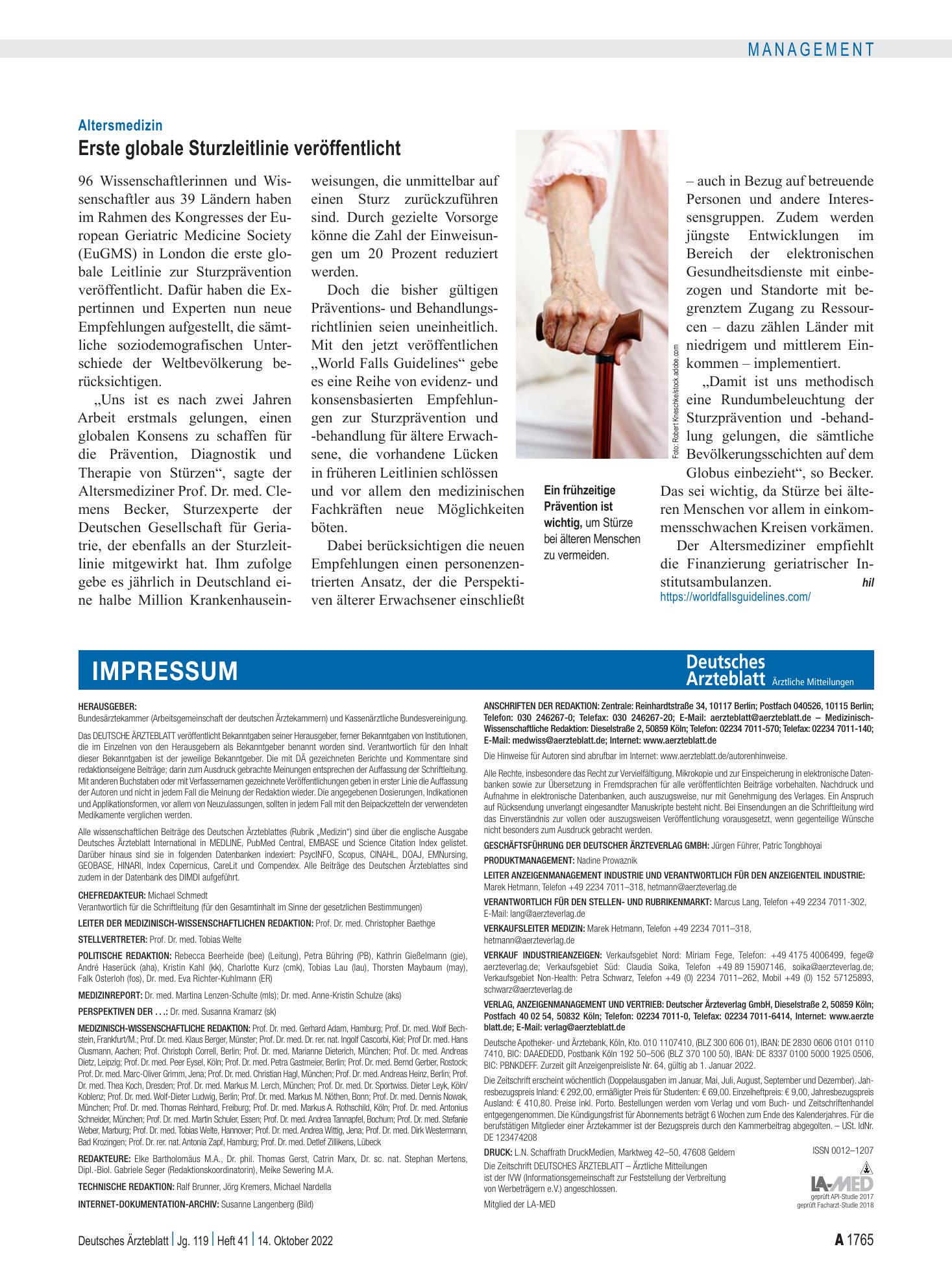 Vorschauseite 1: Altersmedizin: Erste globale Sturzleitlinie veröffentlicht – Deutsches Ärzteblatt