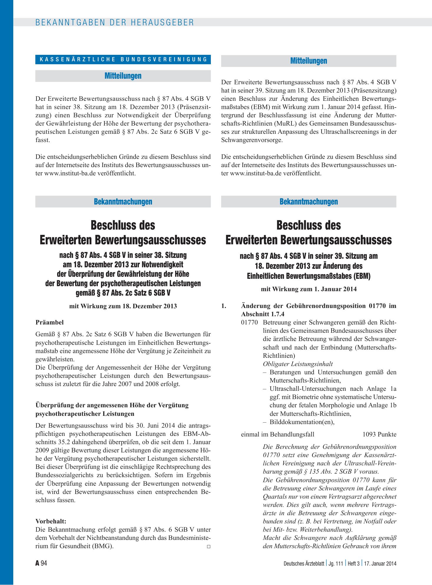 Vorschauseite 1: Beschluss des Erweiterten Bewertungsausschusses nach § 87 Abs. 4 SGB V in seiner 38. Sitzung am 18. Dezember 2013 zur Notwendigkeit der Überprüfung der Gewährleistung der Höhe der…