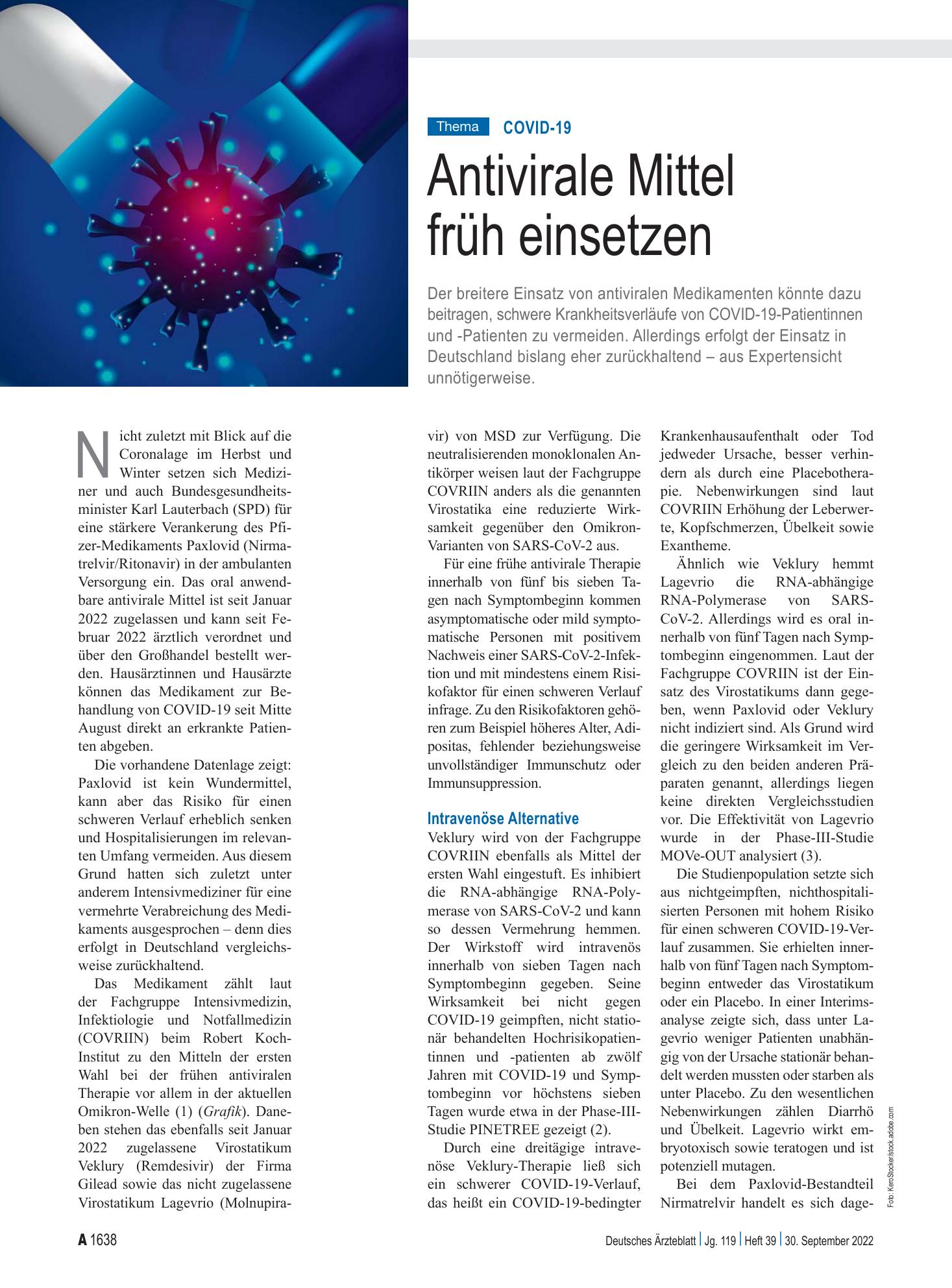 Vorschauseite 1: COVID-19: Antivirale Mittel früh einsetzen – Deutsches Ärzteblatt