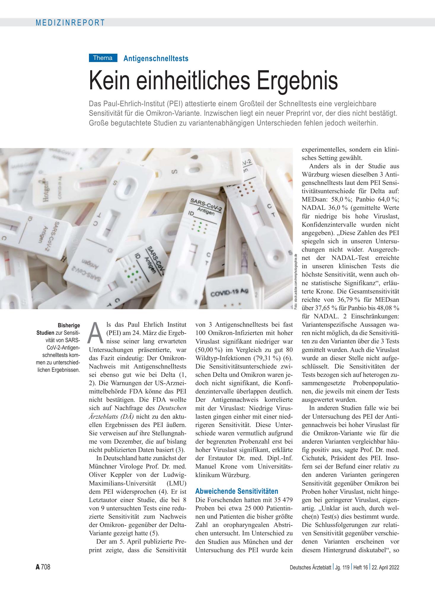 Vorschauseite 1: Antigenschnelltests: Kein einheitliches Ergebnis – Deutsches Ärzteblatt