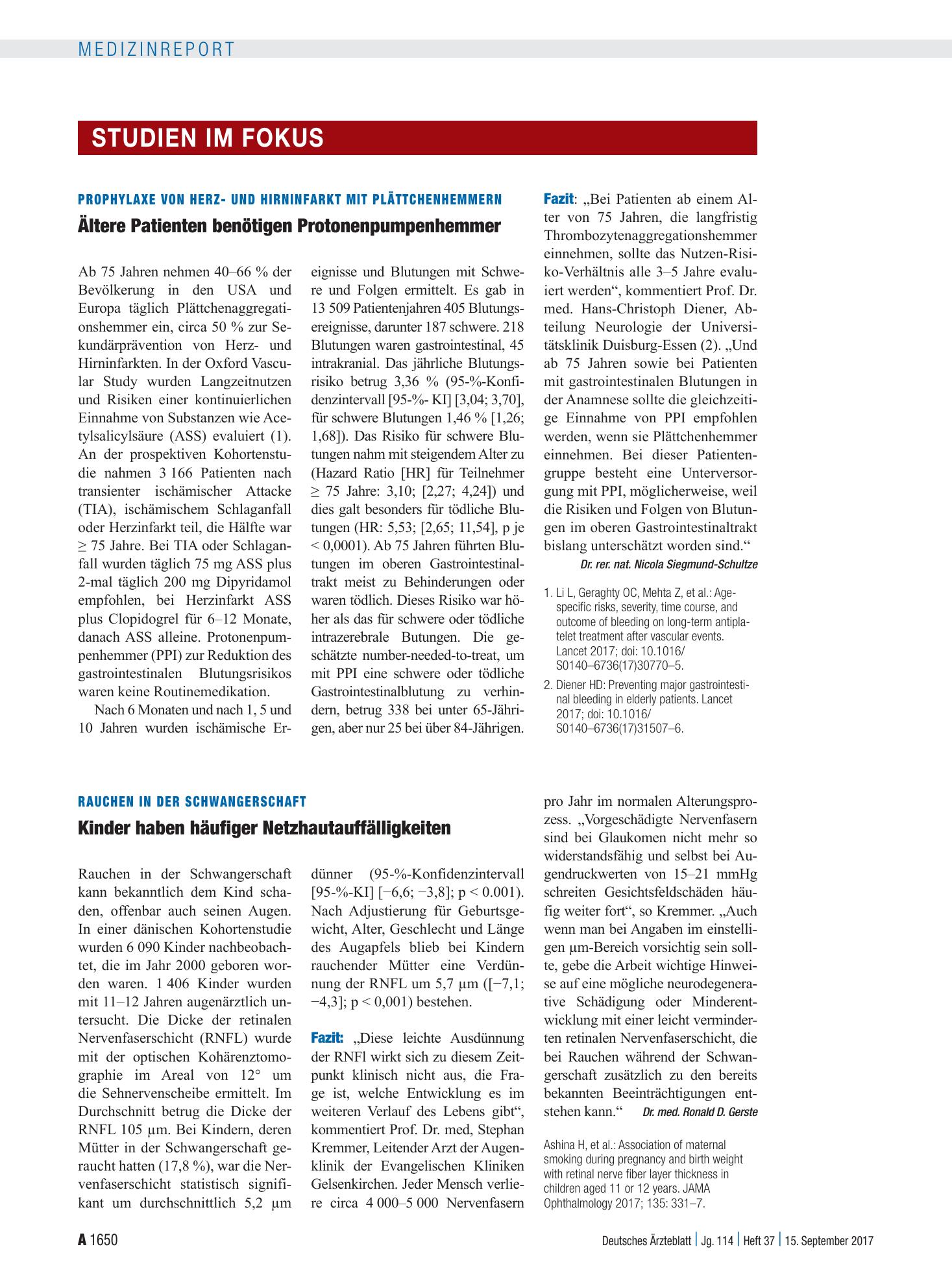 Vorschauseite 1: Prophylaxe von Herz- und Hirninfarkt mit Plättchenhemmern: Ältere Patienten benötigen Protonenpumpenhemmer – Deutsches Ärzteblatt