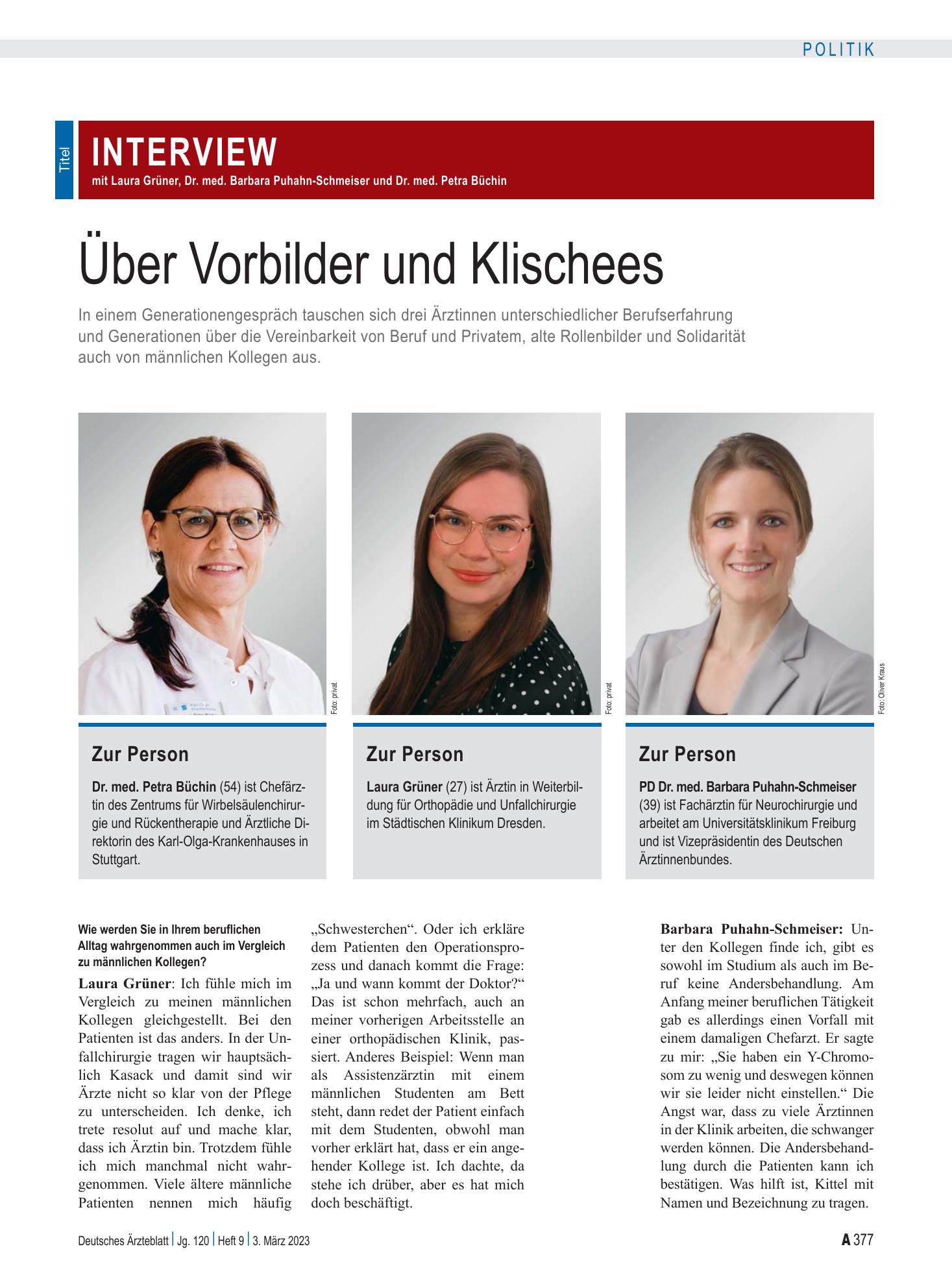Vorschauseite 1: Interview mit Laura Grüner, Dr. med. Barbara Puhahn-Schmeiser und Dr. med. Petra Büchin: Über Vorbilder und Klischees – Deutsches Ärzteblatt