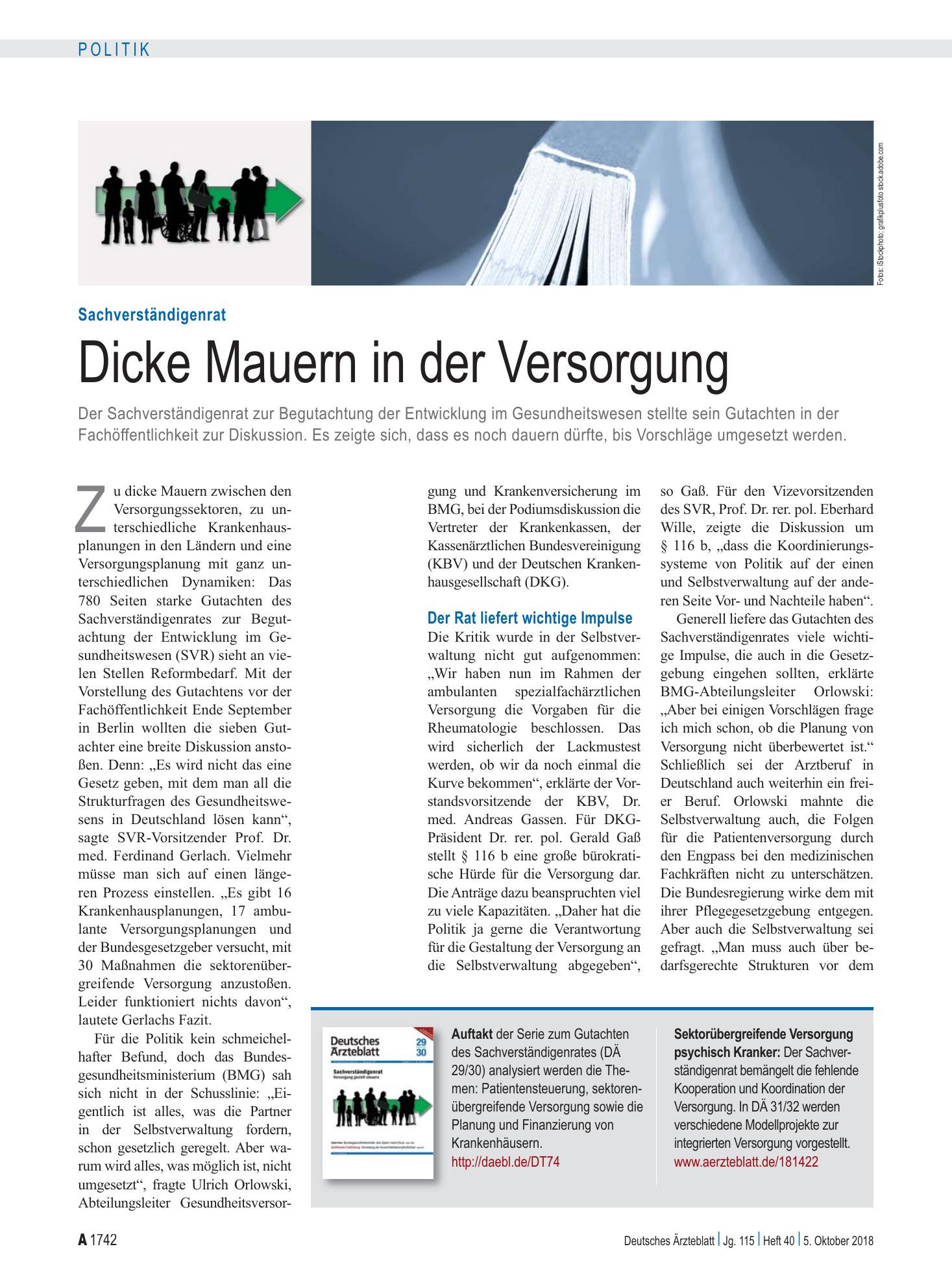 Vorschauseite 1: Sachverständigenrat: Dicke Mauern in der Versorgung – Deutsches Ärzteblatt