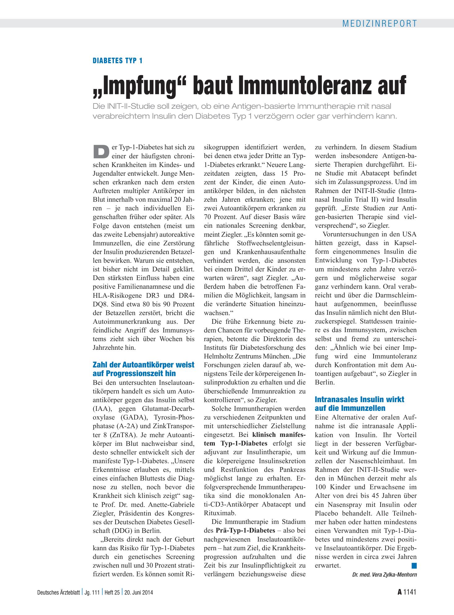 Vorschauseite 1: Diabetes Typ 1: „Impfung“ baut Immuntoleranz auf – Deutsches Ärzteblatt