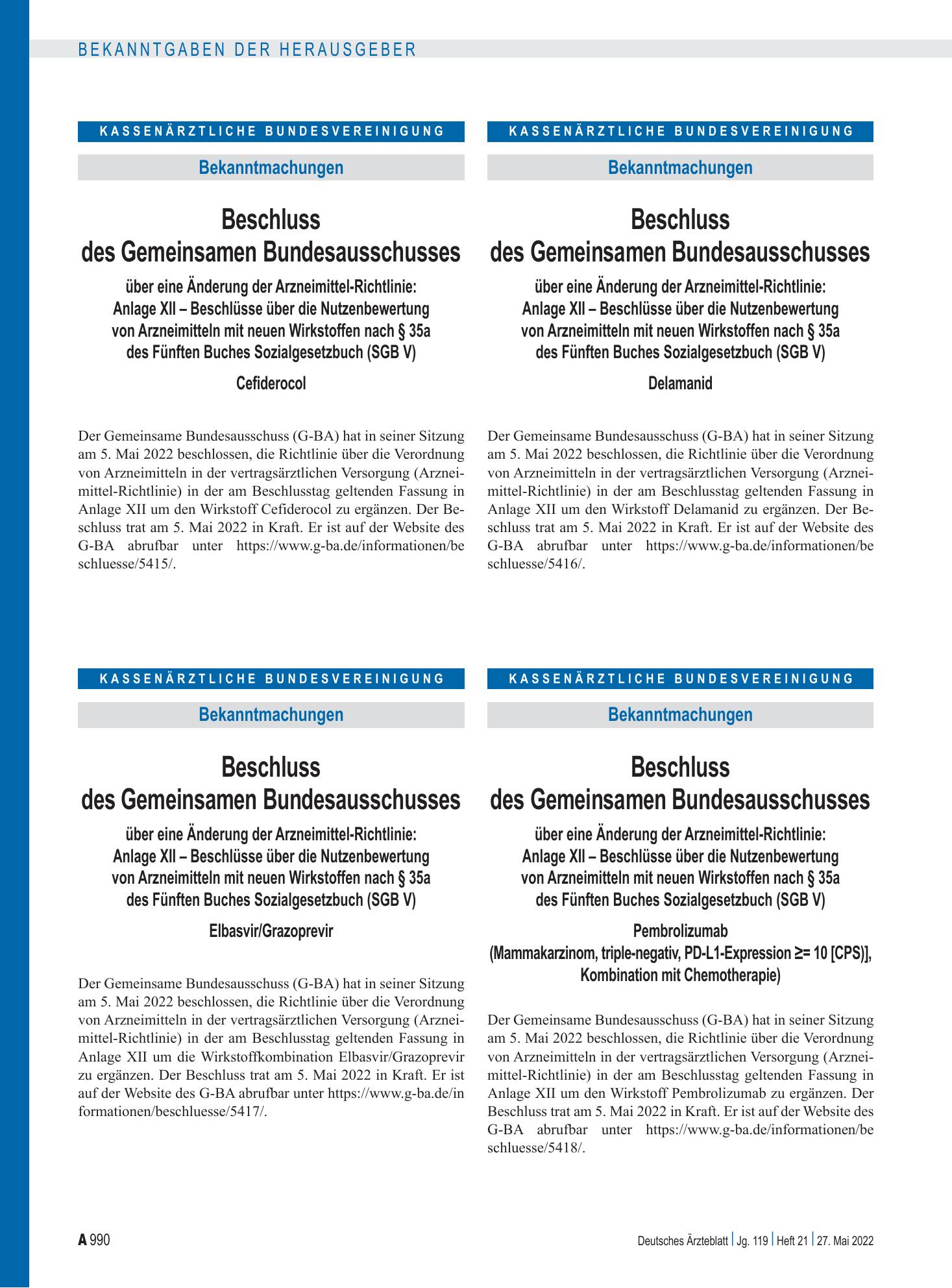 Vorschauseite 1: Beschluss des Gemeinsamen Bundesausschusses über eine Änderung der Arzneimittel-Richtlinie: Cefiderocol – Deutsches Ärzteblatt
