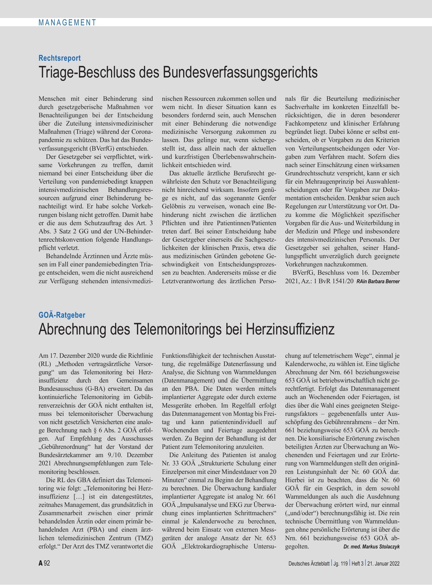 Vorschauseite 1: Rechtsreport: Triage-Beschluss des Bundesverfassungsgerichts – Deutsches Ärzteblatt