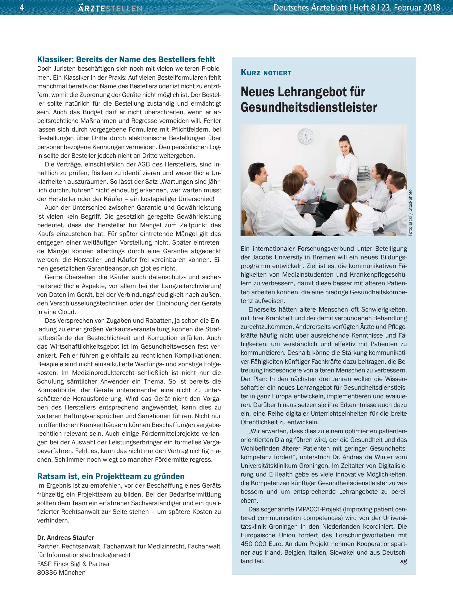 Vorschauseite 1: Neues Lehrangebot für Gesundheitsdienstleister – Deutsches Ärzteblatt