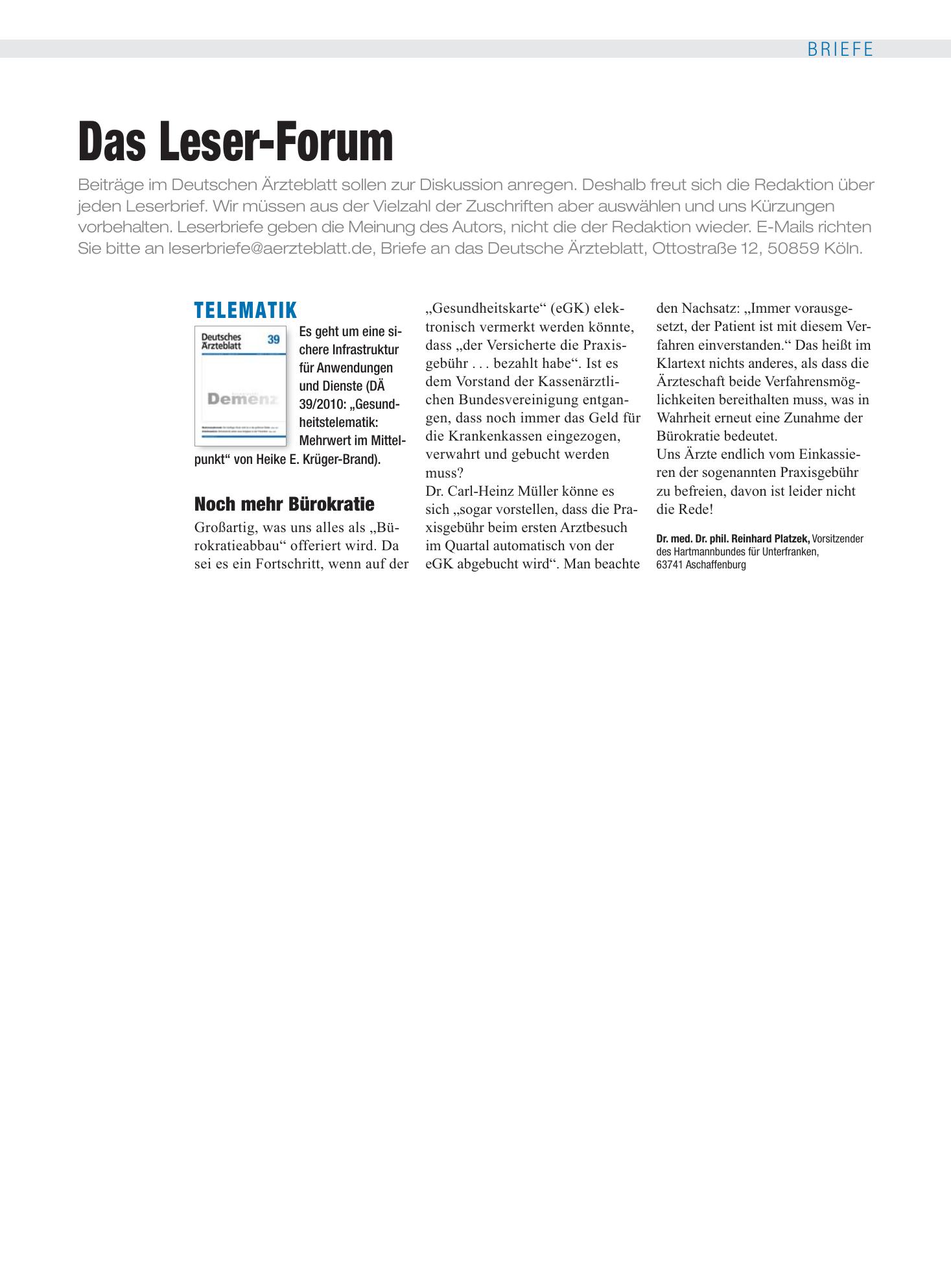 Vorschauseite 1: Telematik: Noch mehr Bürokratie – Deutsches Ärzteblatt