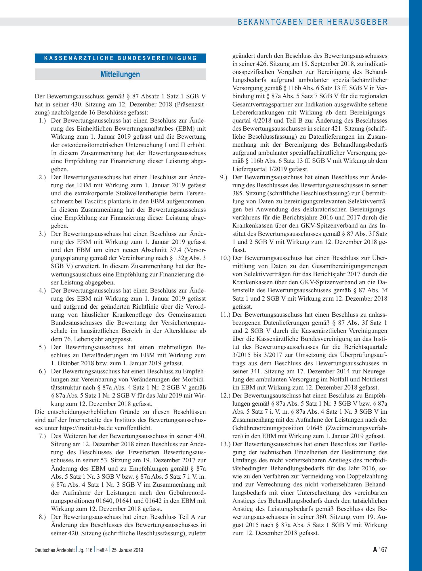 Vorschauseite 1: Beschluss des Bewertungsausschusses nach § 87 Abs. 1 Satz 1 SGB V in seiner 430. Sitzung am 12. Dezember 2018: Teil A, Teil B – Deutsches Ärzteblatt