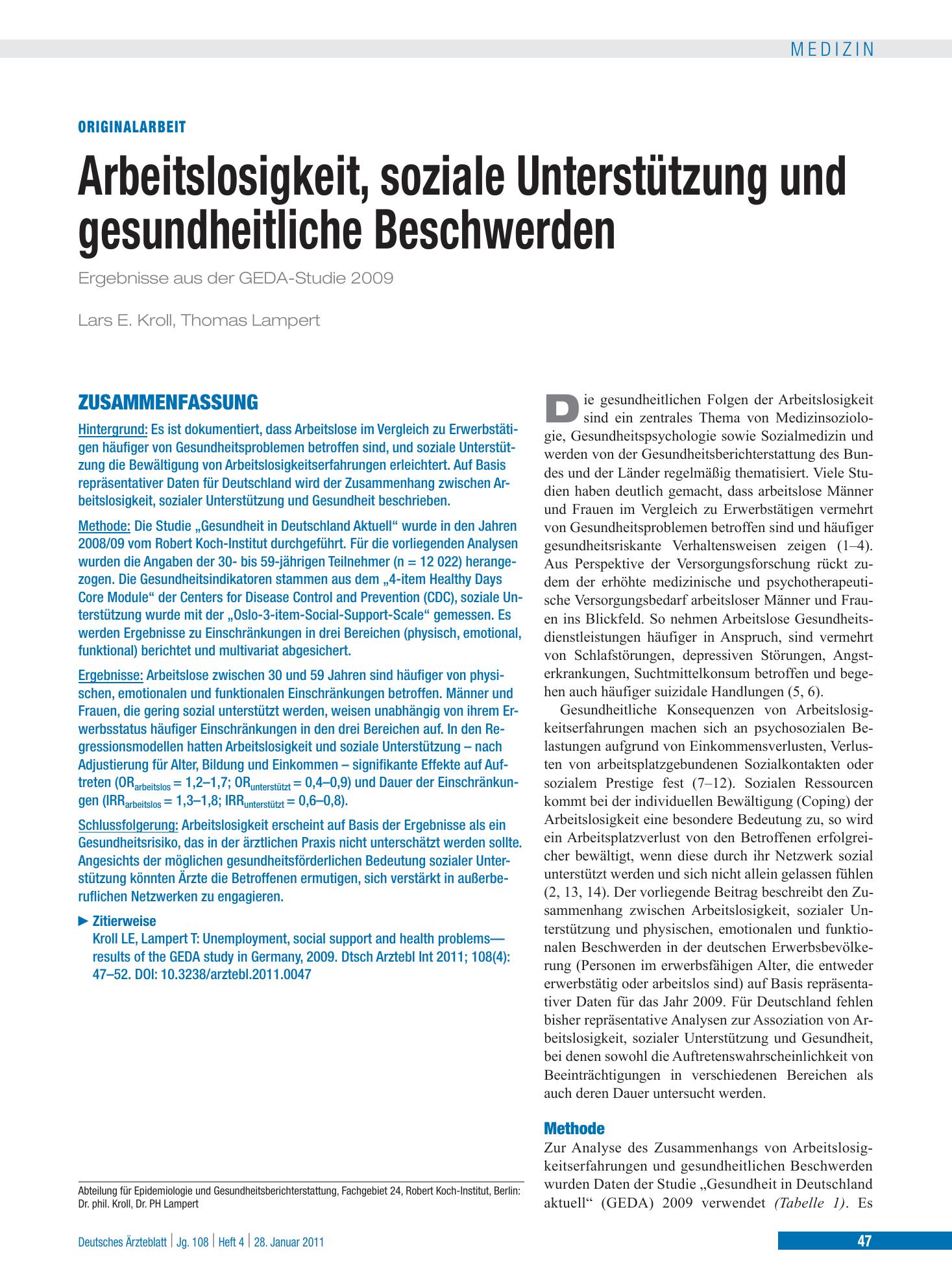 Vorschauseite 1: Arbeitslosigkeit, soziale Unterstützung und gesundheitliche Beschwerden – Deutsches Ärzteblatt
