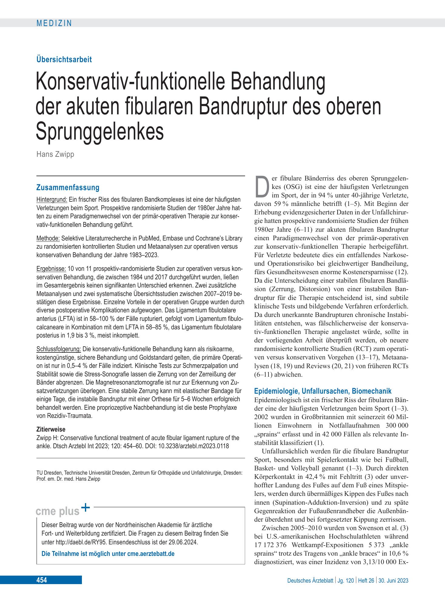 Vorschauseite 1: Konservativ-funktionelle Behandlung der akuten fibularen Bandruptur des oberen Sprunggelenkes – Deutsches Ärzteblatt