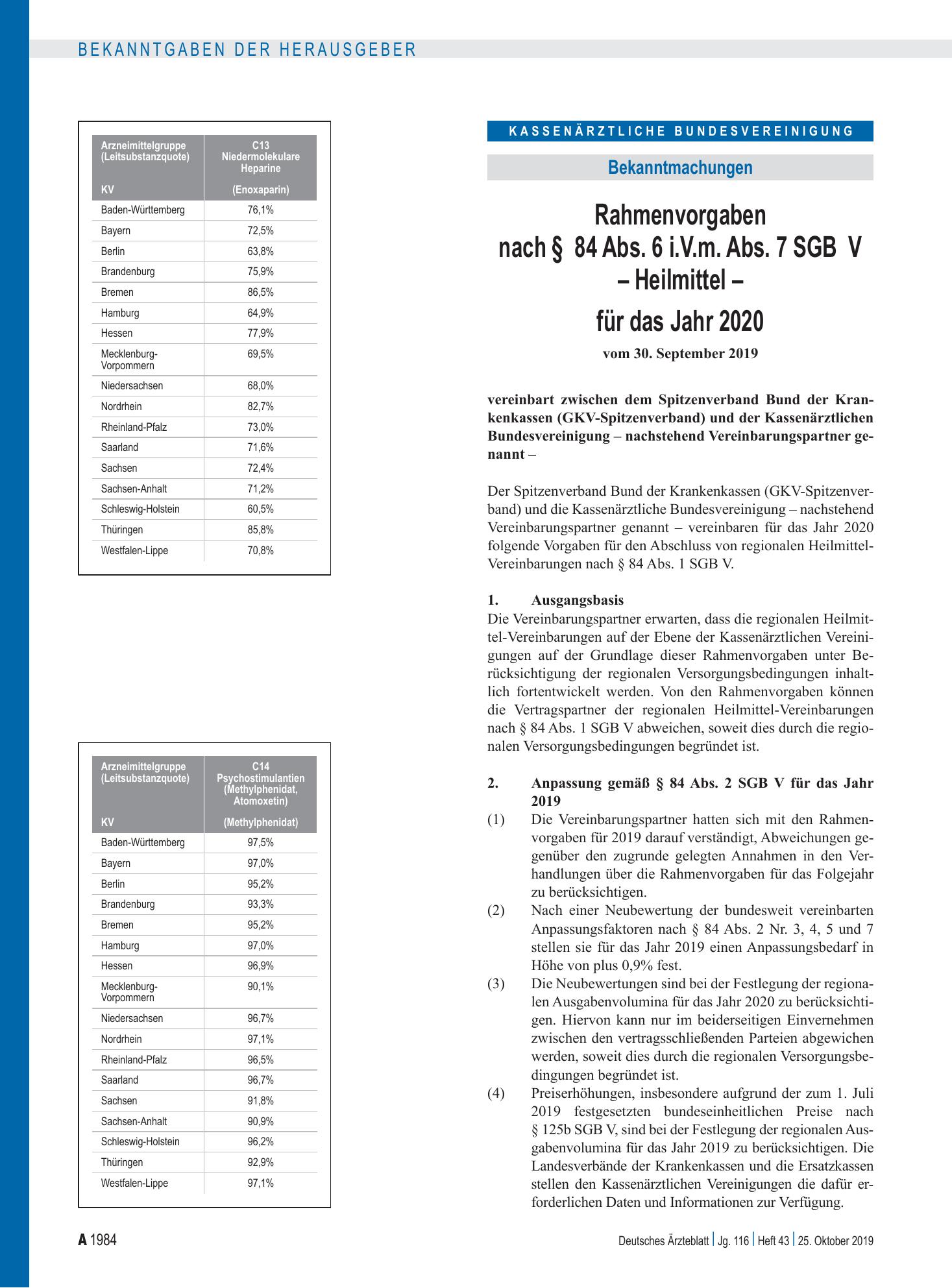 Vorschauseite 1: Rahmenvorgaben nach § 84 Abs. 6 i.V.m. Abs. 7 SGB V – Heilmittel – für das Jahr 2020 – Deutsches Ärzteblatt