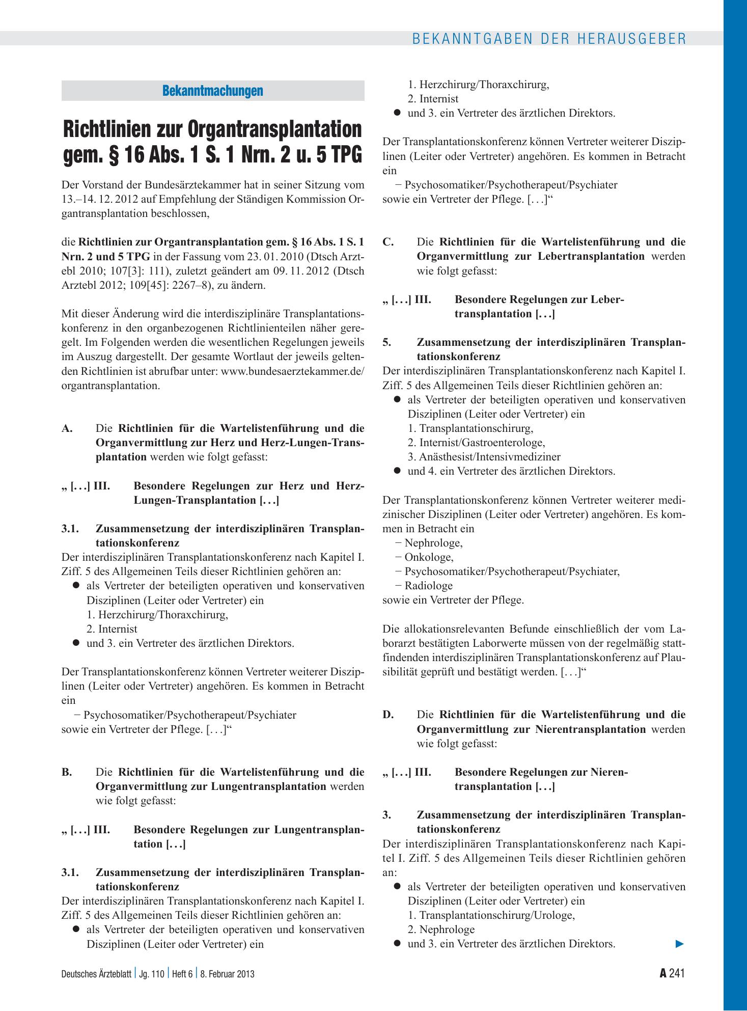 Vorschauseite 1: Richtlinien zur Organtransplantation gem. § 16 Abs. 1 S. 1 Nrn. 2 u. 5 TPG – Deutsches Ärzteblatt