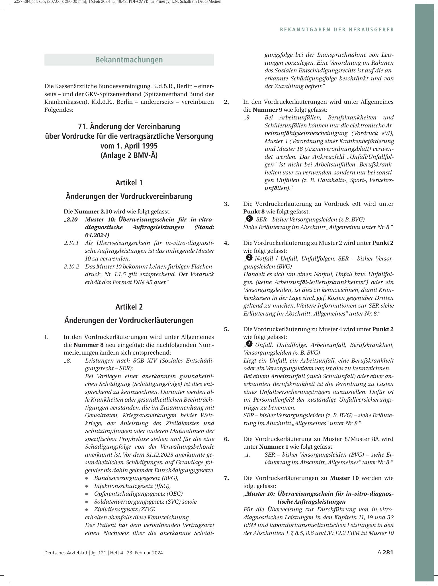 Vorschauseite 1: 71. Änderung der Vereinbarung über Vordrucke für die vertragsärztliche Versorgung vom 1. April 1995 (Anlage 2 BMV-Ä) – Deutsches Ärzteblatt