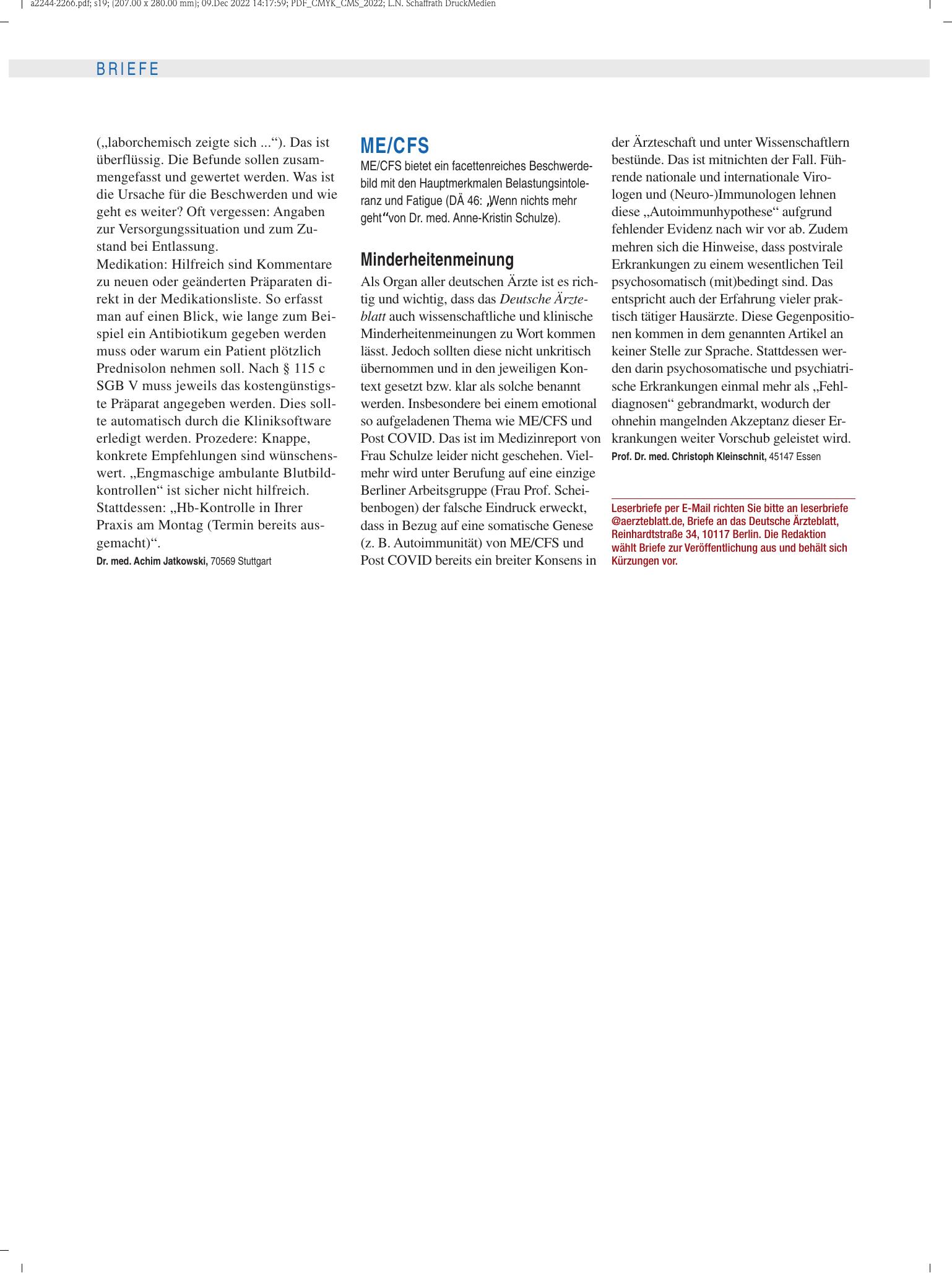 Vorschauseite 1: ME/CFS: Minderheitenmeinung – Deutsches Ärzteblatt