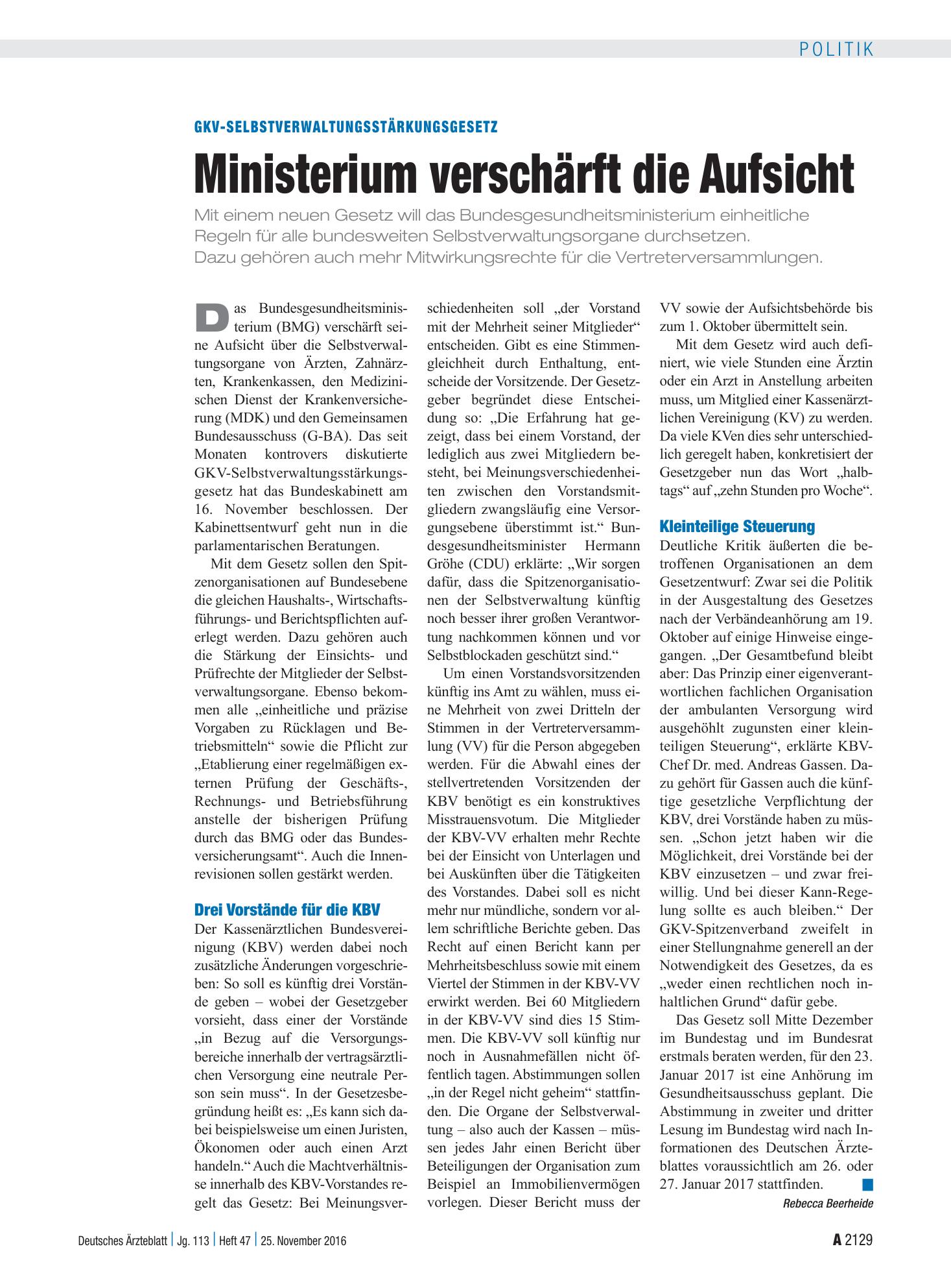 Vorschauseite 1: GKV-Selbstverwaltungsstärkungsgesetz: Ministerium verschärft die Aufsicht – Deutsches Ärzteblatt