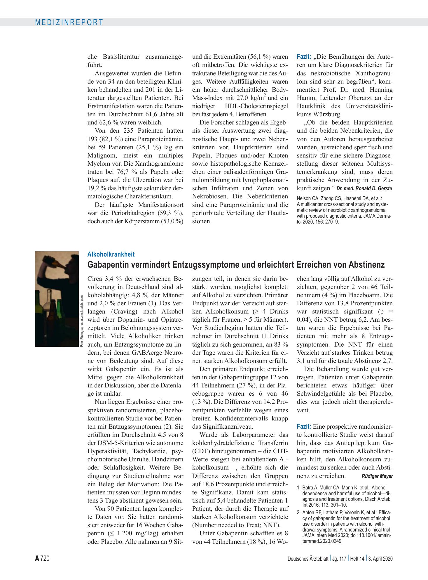 Vorschauseite 1: Alkoholkrankheit: Gabapentin vermindert Entzugssymptome und erleichtert Erreichen von Abstinenz – Deutsches Ärzteblatt