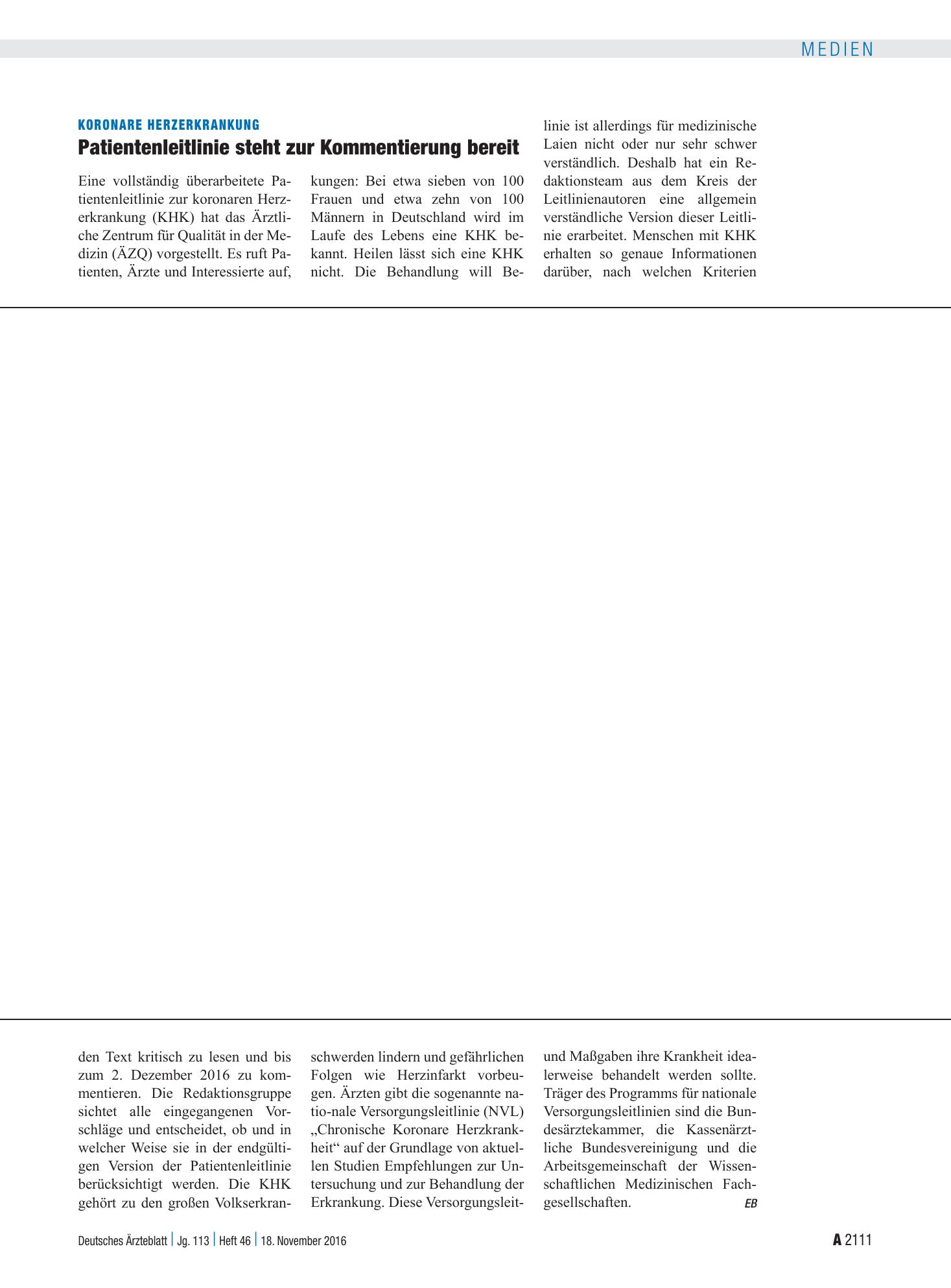 Vorschauseite 1: Koronare Herzerkrankung: Patientenleitlinie steht zur Kommentierung bereit – Deutsches Ärzteblatt
