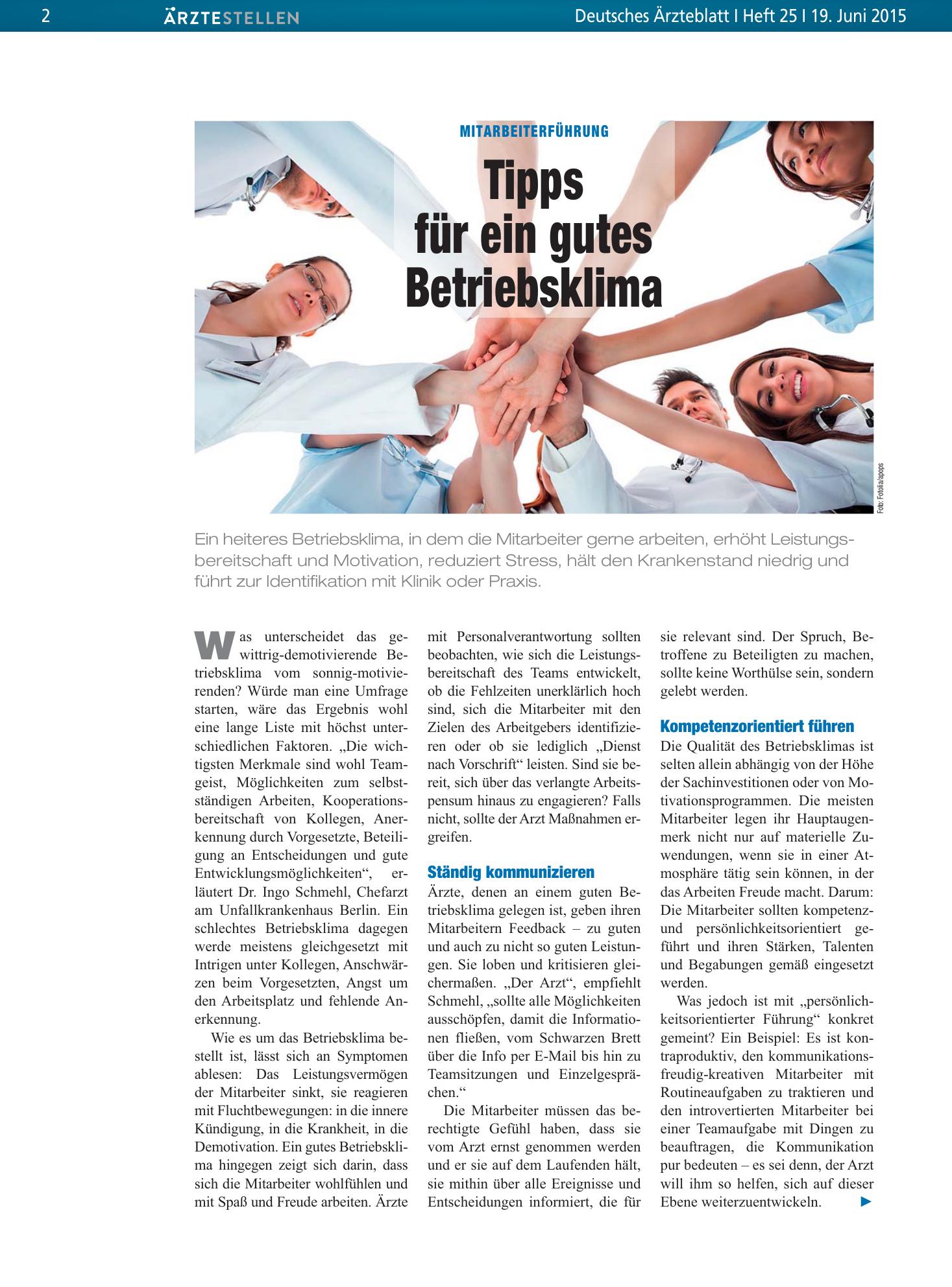 Vorschauseite 1: Mitarbeiterführung: Tipps für ein gutes Betriebsklima – Deutsches Ärzteblatt