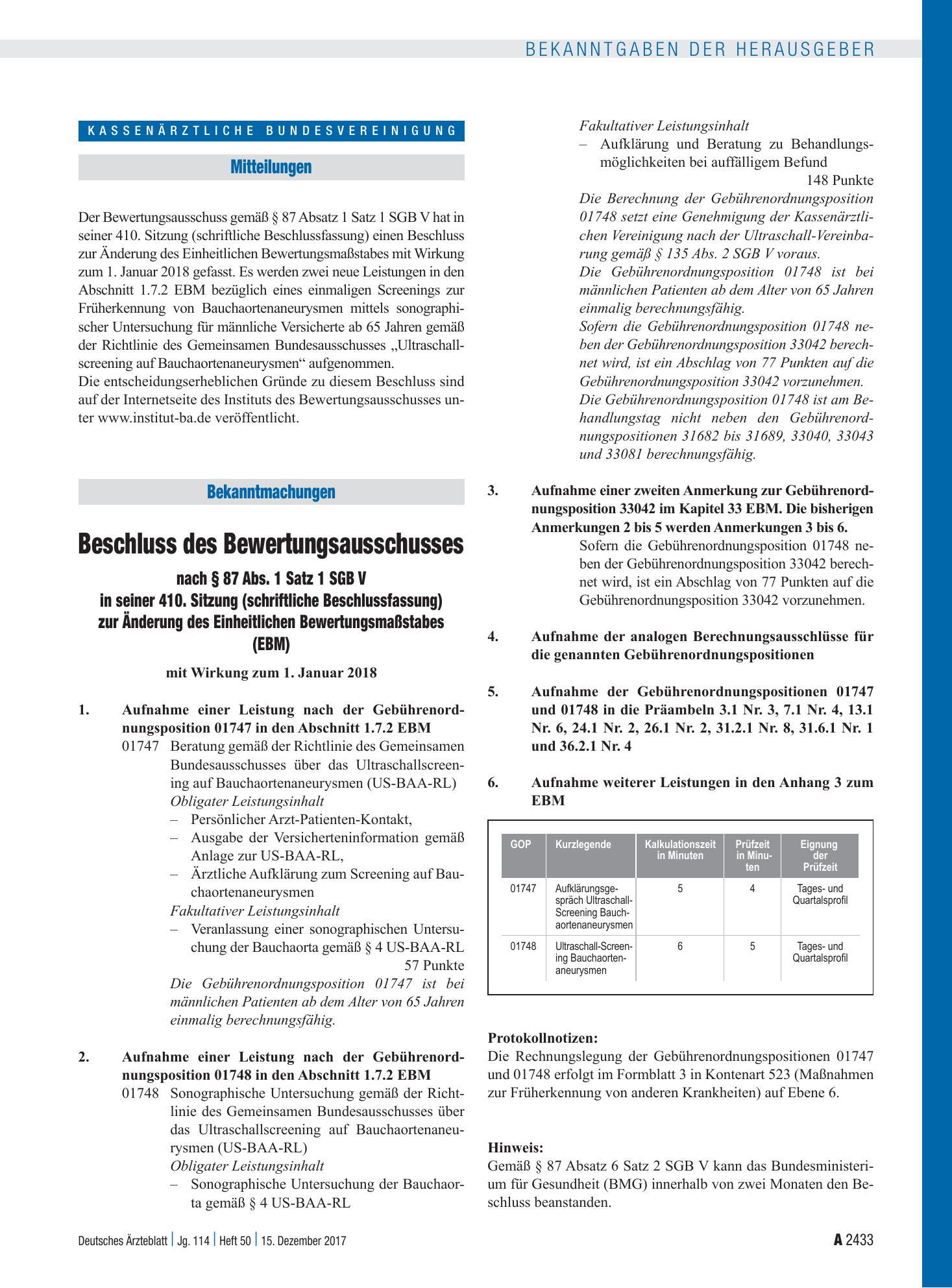 Vorschauseite 1: Beschluss des Bewertungsausschusses nach § 87 Abs. 1 Satz 1 SGB V in seiner 410. Sitzung (schriftliche Beschlussfassung) zur Änderung des Einheitlichen Bewertungsmaßstabes (EBM) –…