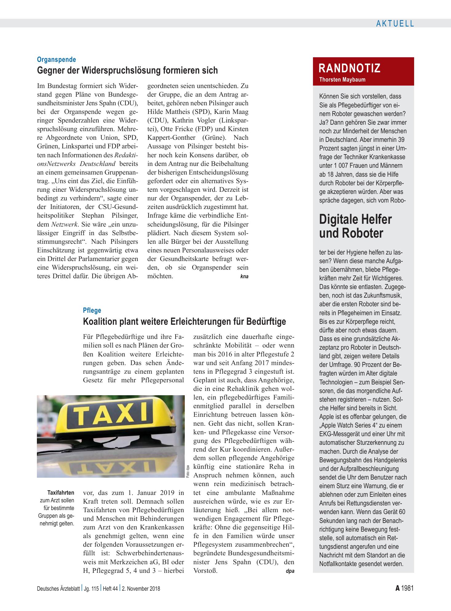 Vorschauseite 1: Randnotiz: Digitale Helfer und Roboter – Deutsches Ärzteblatt