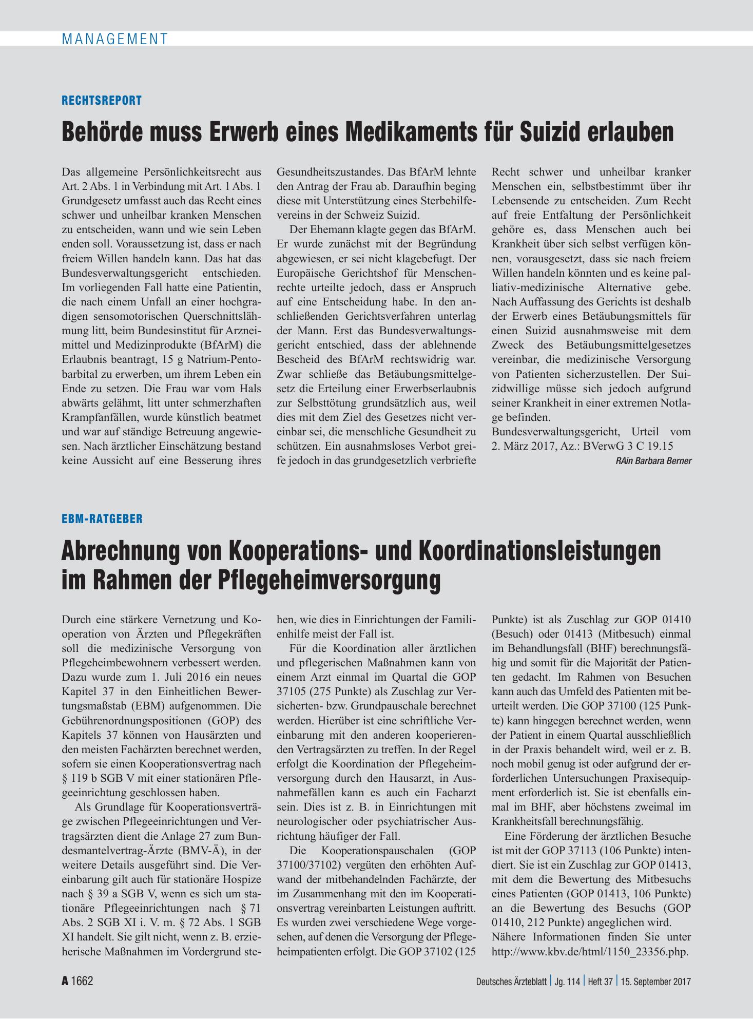 Vorschauseite 1: EBM-Ratgeber: Abrechnung von Kooperations- und Koordinationsleistungen im Rahmen der Pflegeheimversorgung – Deutsches Ärzteblatt