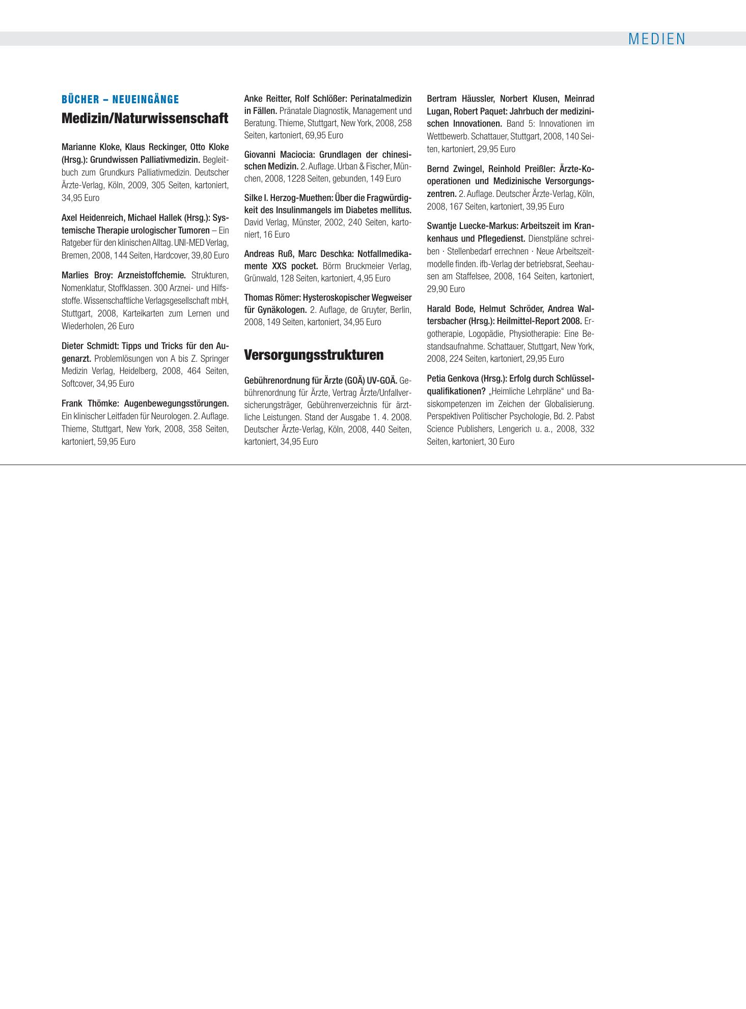 Vorschauseite 1: Bücher Neueingänge: Versorgungsstrukturen – Deutsches Ärzteblatt