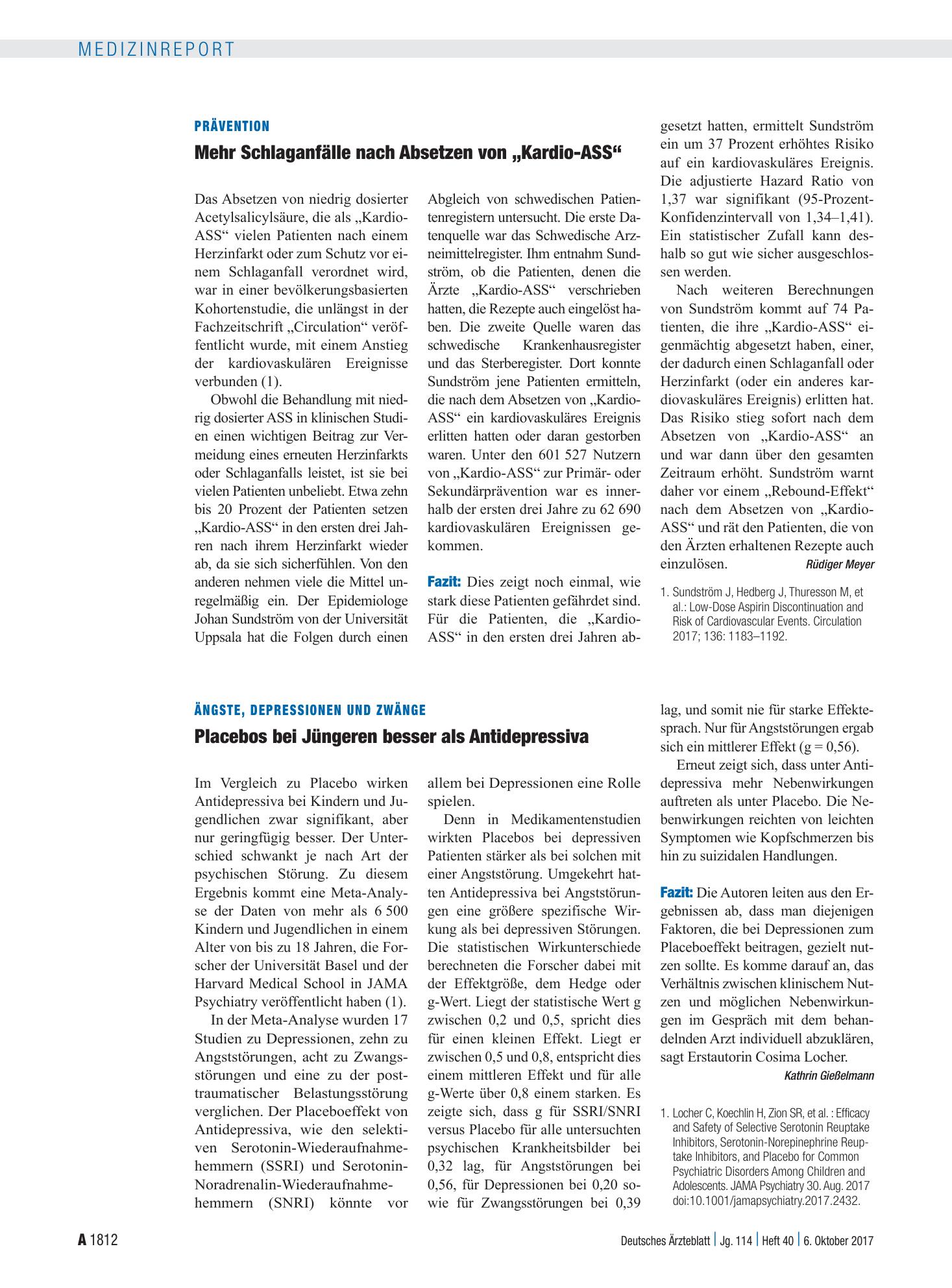 Vorschauseite 1: Prävention: Mehr Schlaganfälle nach Absetzen von „Kardio-ASS“ – Deutsches Ärzteblatt