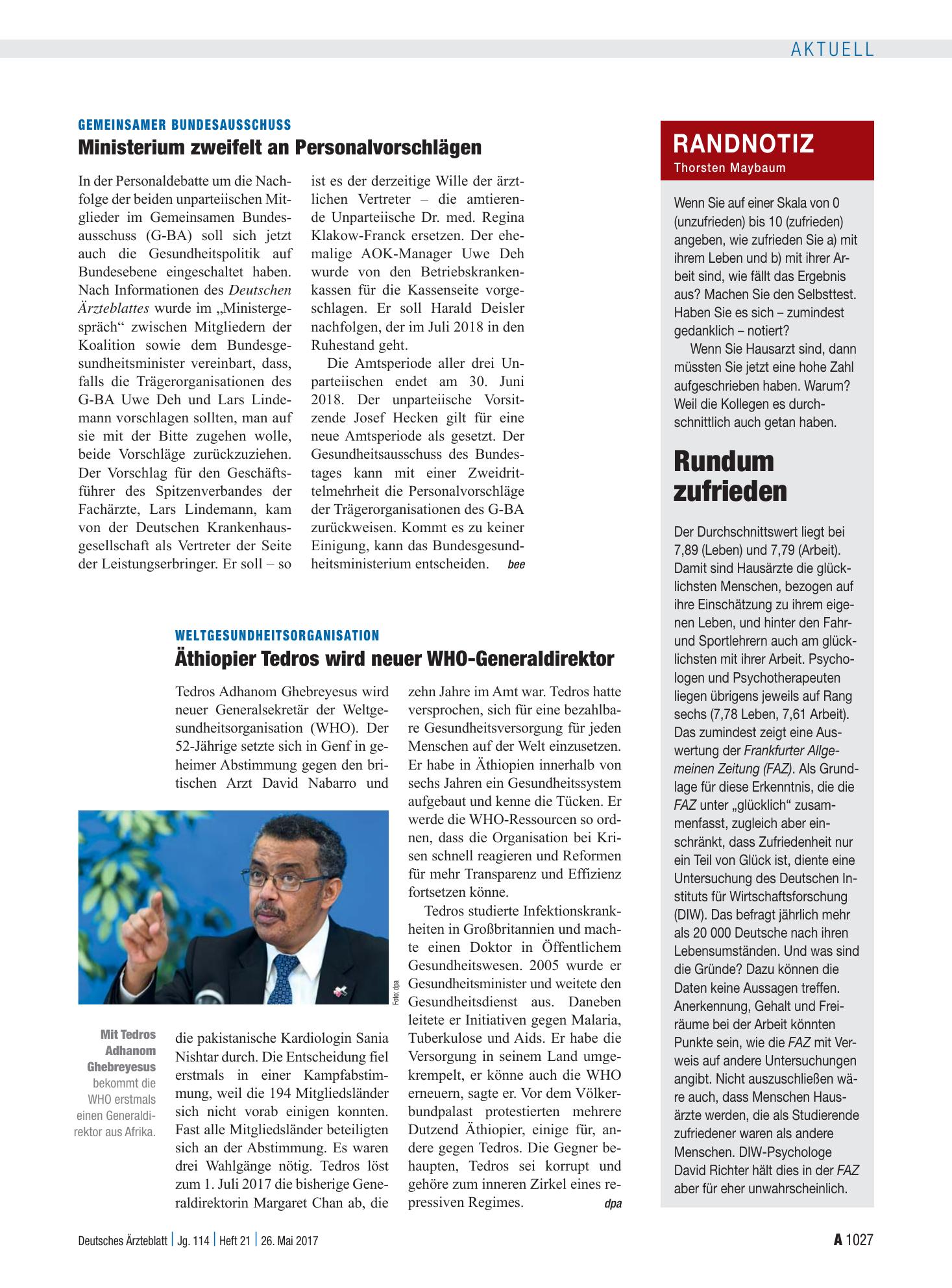 Vorschauseite 1: Randnotiz: Rundum zufrieden – Deutsches Ärzteblatt