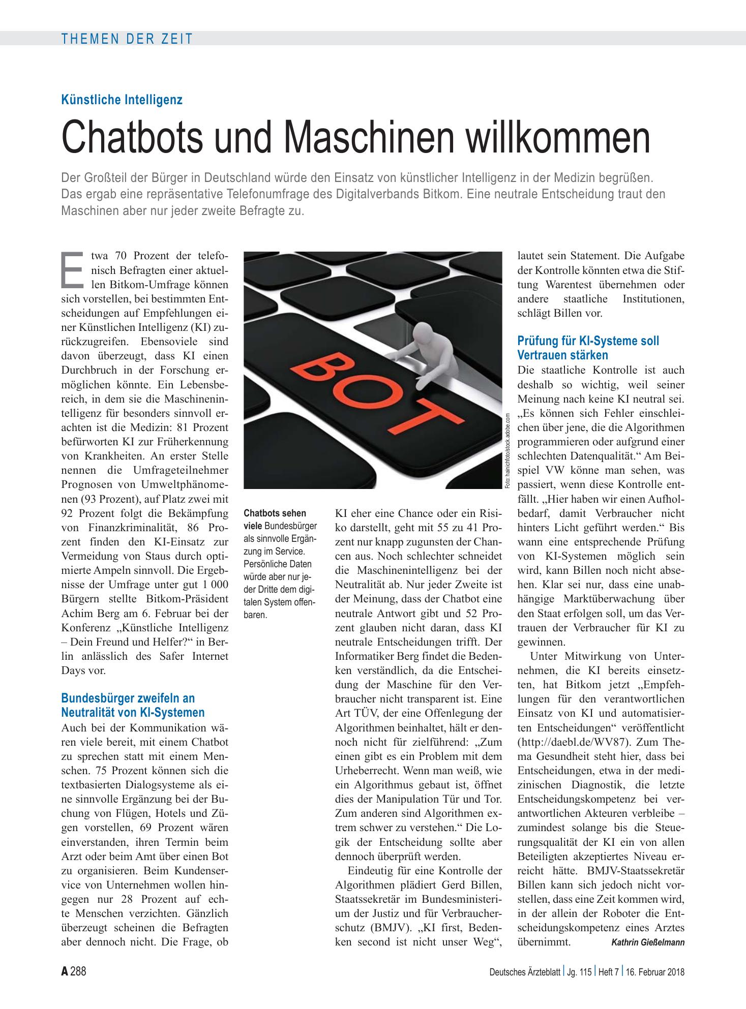 Vorschauseite 1: Künstliche Intelligenz: Chatbots und Maschinen willkommen – Deutsches Ärzteblatt