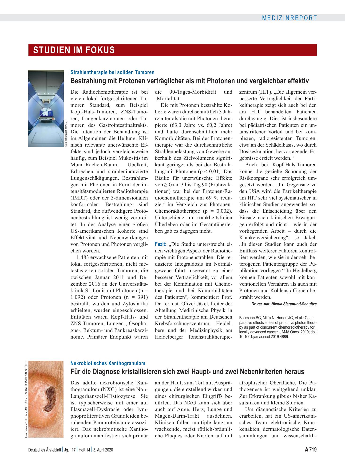 Vorschauseite 1: Strahlentherapie bei soliden Tumoren: Bestrahlung mit Protonen verträglicher als mit Photonen und vergleichbar effektiv – Deutsches Ärzteblatt