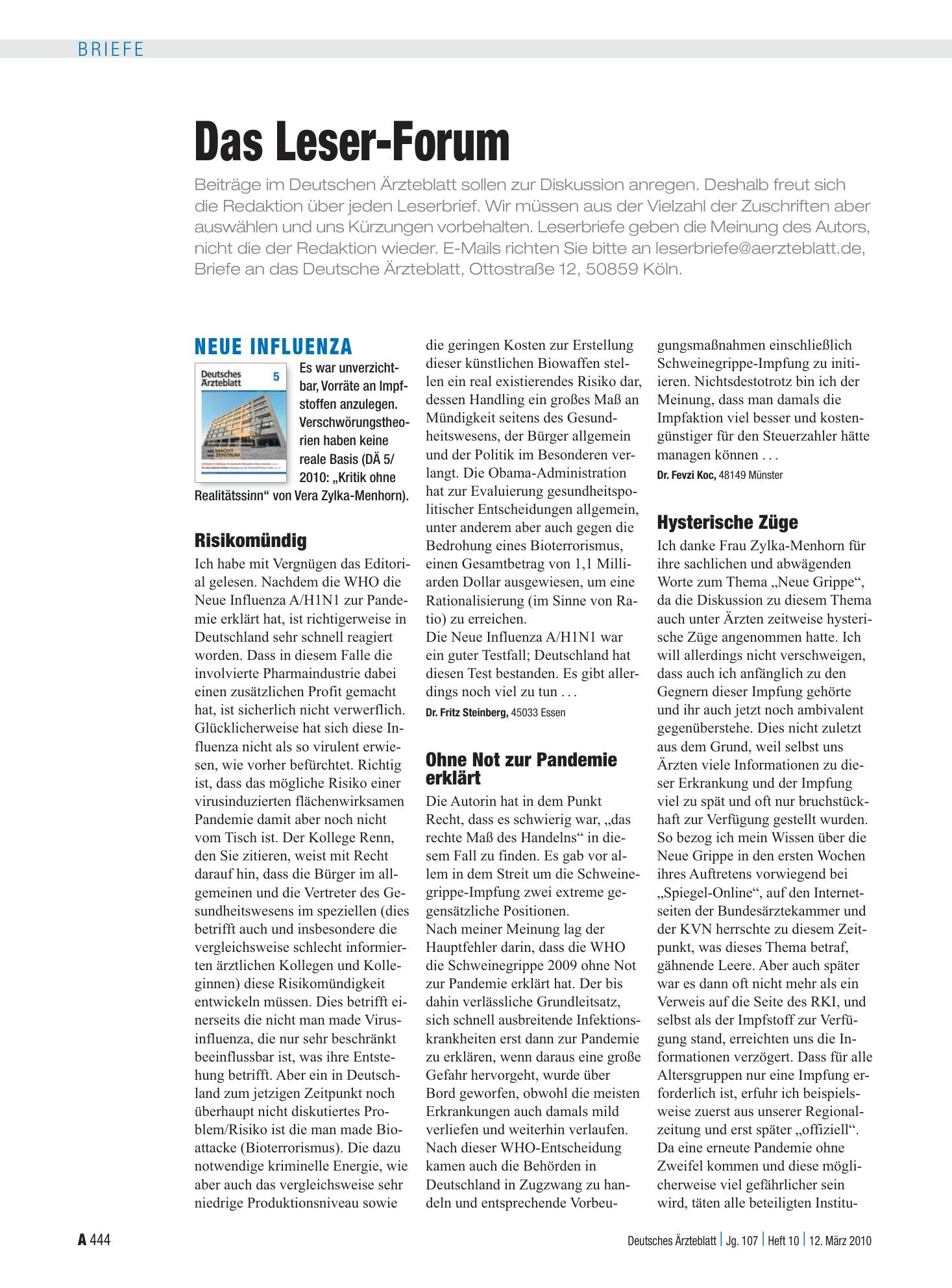 Vorschauseite 1: Neue Influenza: Risikomündig – Deutsches Ärzteblatt