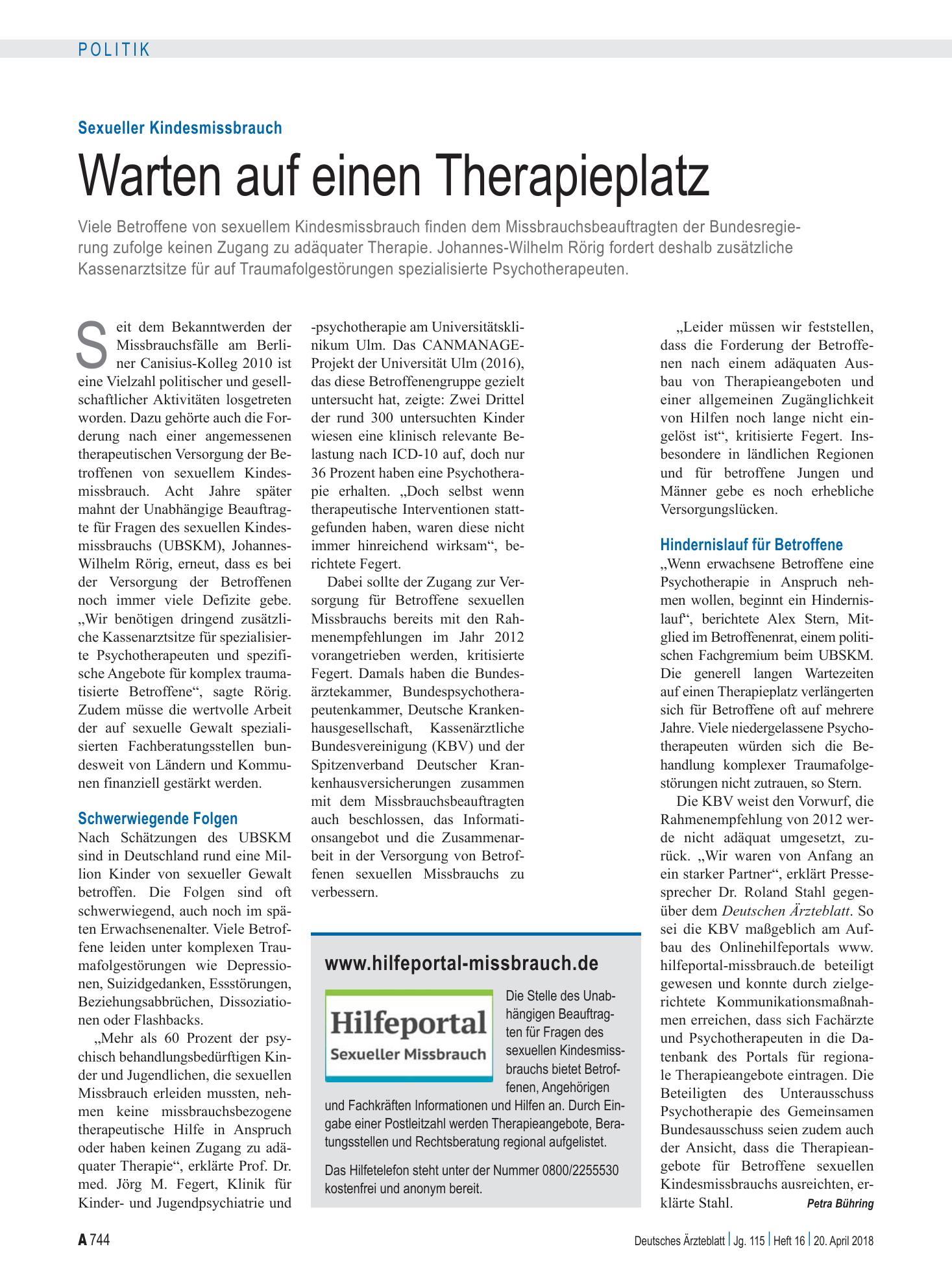 Vorschauseite 1: Sexueller Kindesmissbrauch: Warten auf einen Therapieplatz – Deutsches Ärzteblatt
