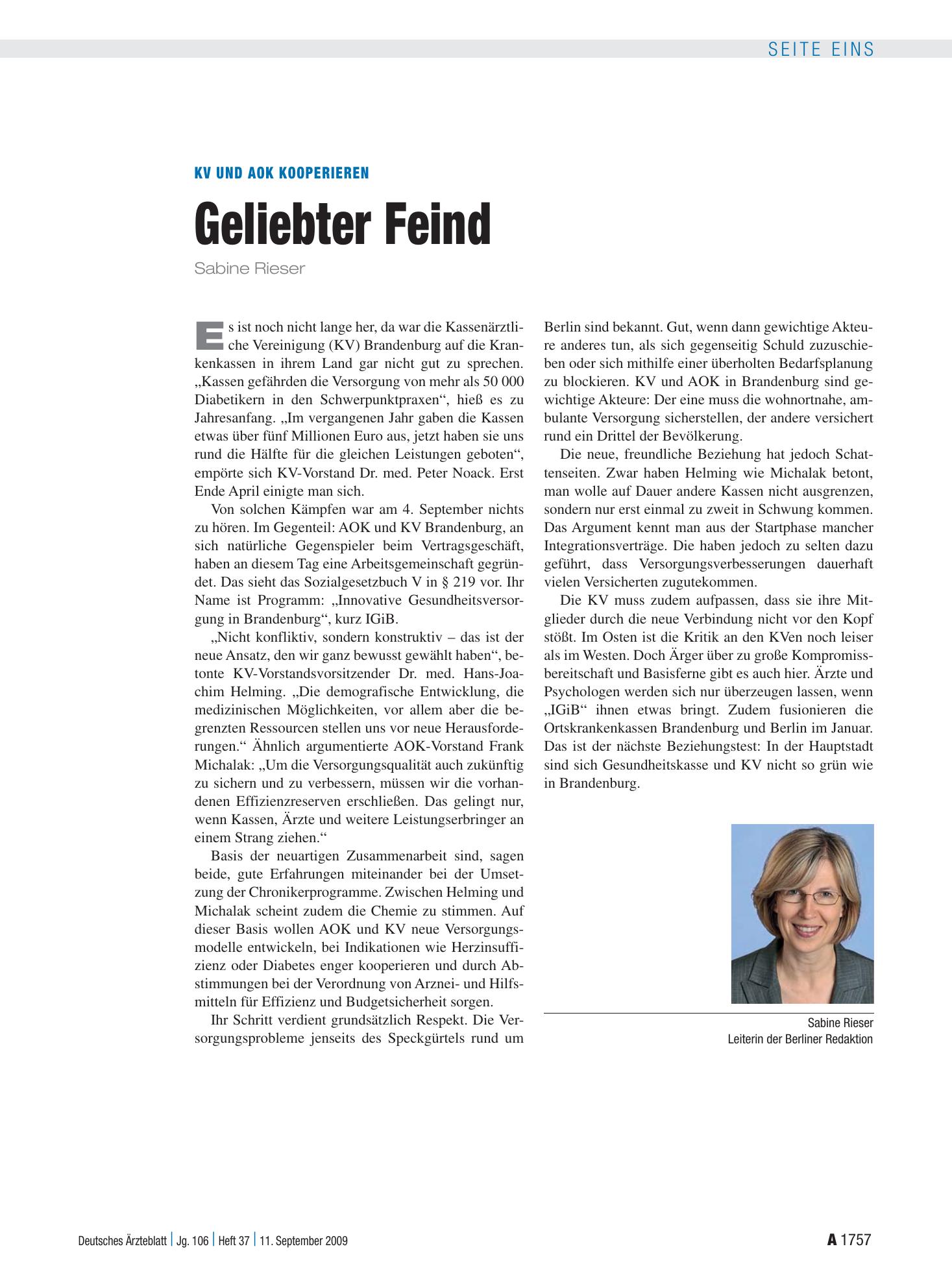 Vorschauseite 1: KV und AOK kooperieren: Geliebter Feind – Deutsches Ärzteblatt