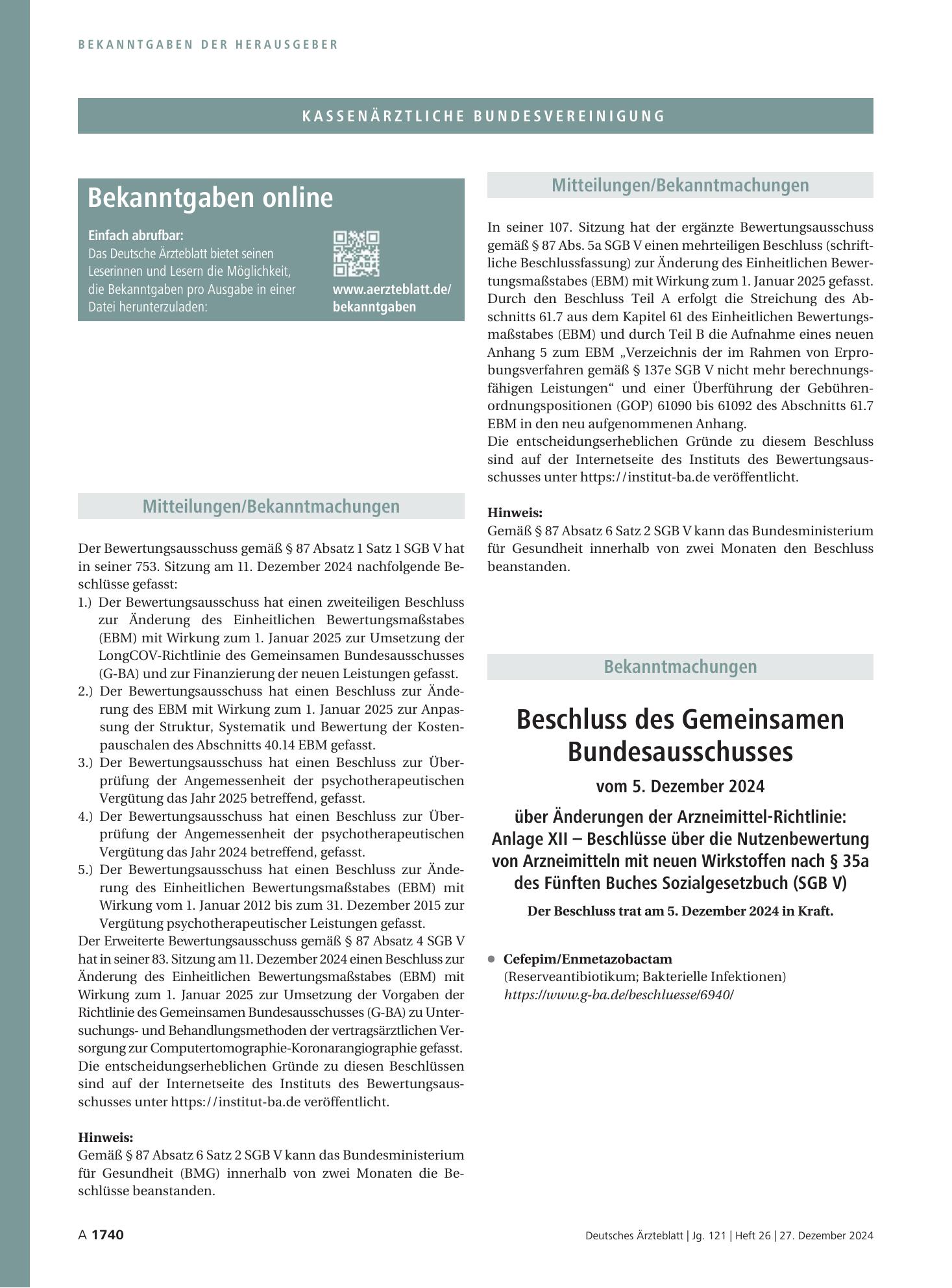 Vorschauseite 1: Beschluss des Gemeinsamen Bundesausschusses vom 5. Dezember 2024 über Änderungen der Arzneimittel-Richtlinie – Deutsches Ärzteblatt
