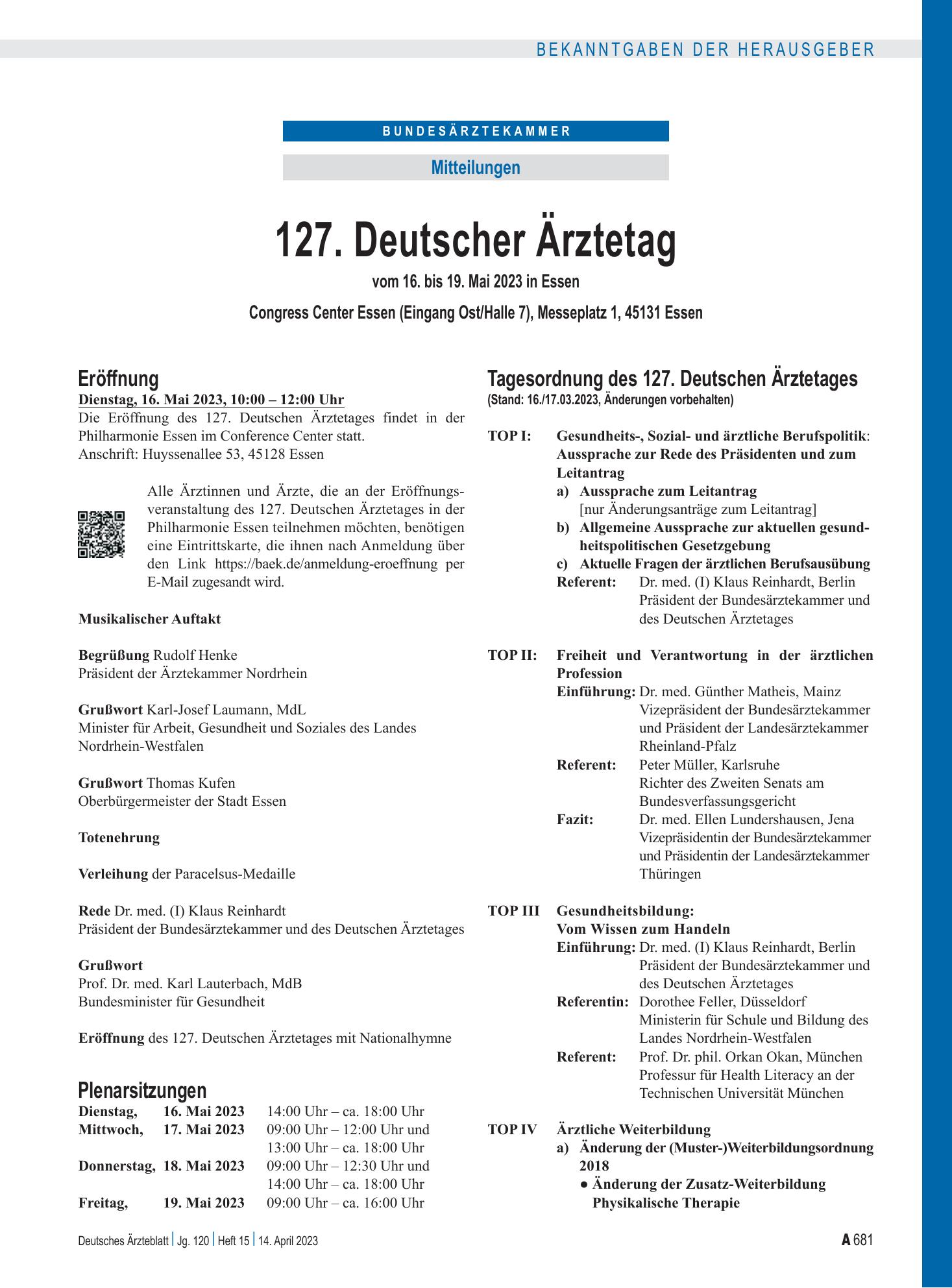 Vorschauseite 1: 127. Deutscher Ärztetag vom 16. bis 19. Mai 2023 in Essen – Deutsches Ärzteblatt