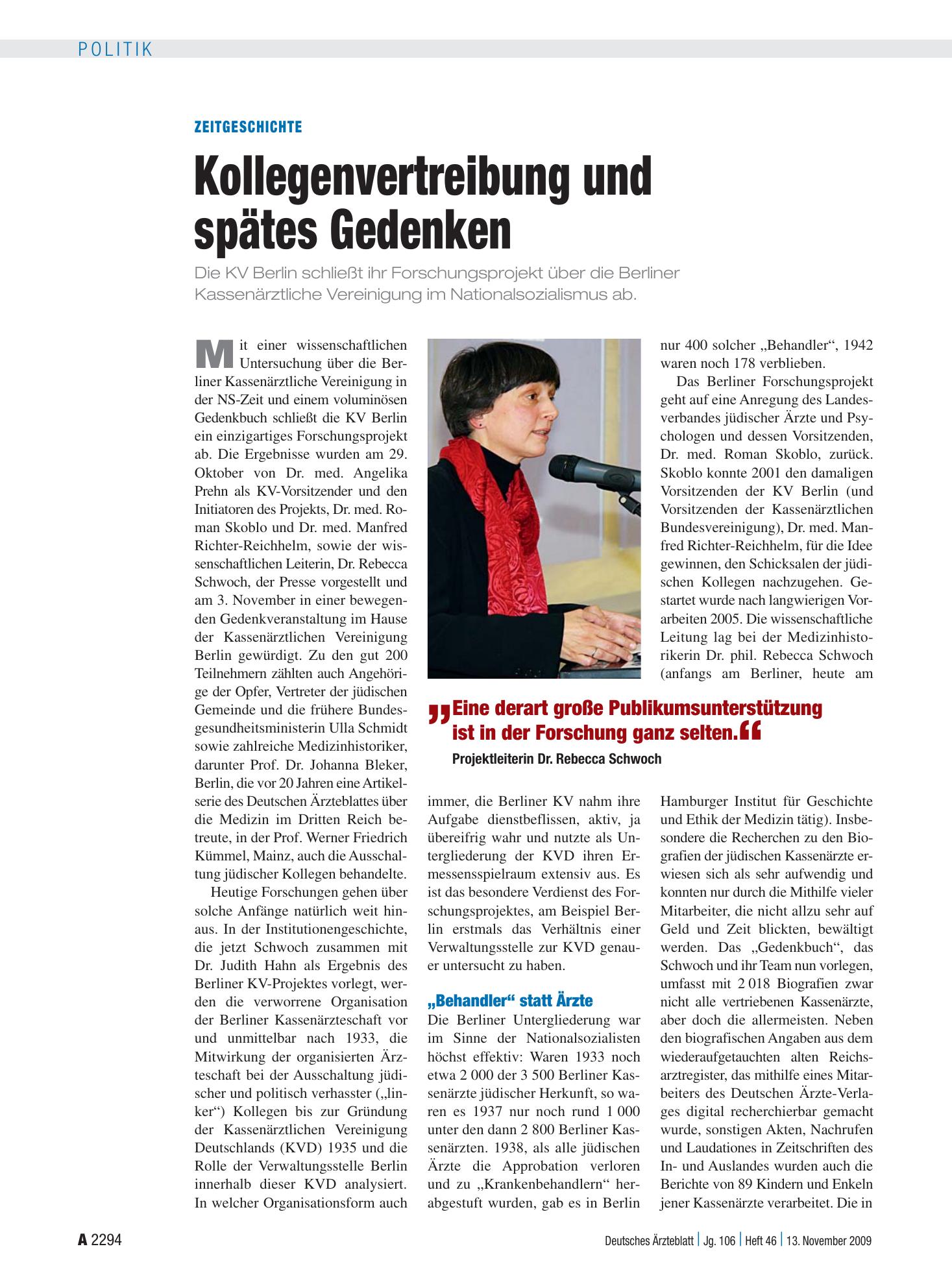 Vorschauseite 1: Zeitgeschichte: Kollegenvertreibung und spätes Gedenken – Deutsches Ärzteblatt